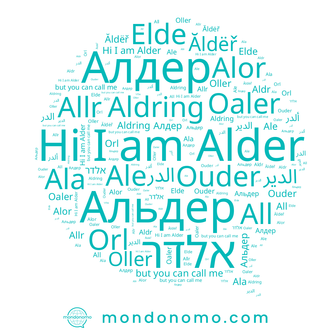 name Алдер, name All, name Allr, name Ale, name Ouder, name Alder, name Oller, name ألدر, name الدر, name Elde, name Ăldëř, name Ala, name אלדר, name Aldr, name Aldring, name Альдер, name Oaler, name الدير, name Alor