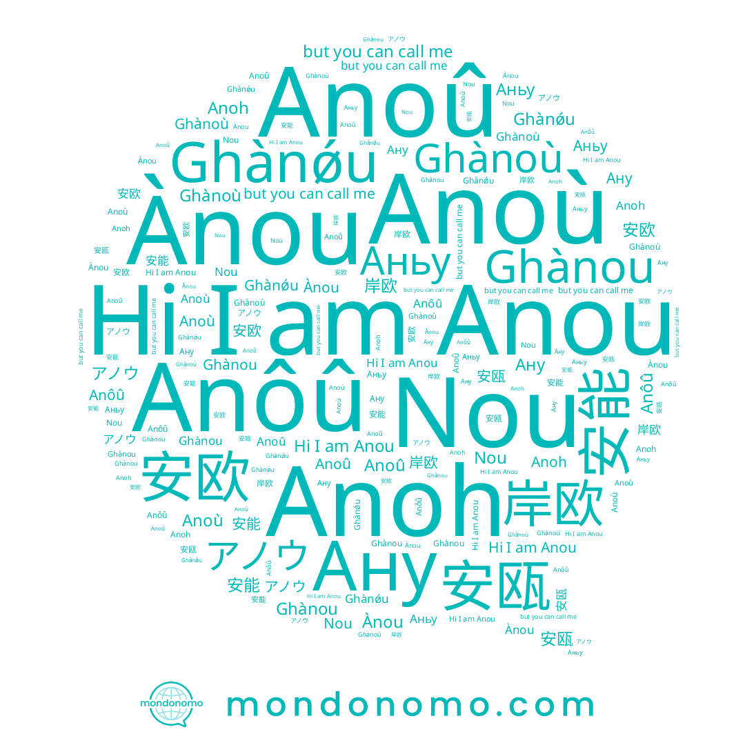 name Ghànǿu, name 安瓯, name Аньу, name Anou, name 岸欧, name 安欧, name Anôû, name Anoû, name アノウ, name Ànou, name 安能, name Anoù, name Anoh, name Ану, name Ghànoù, name Ghànou
