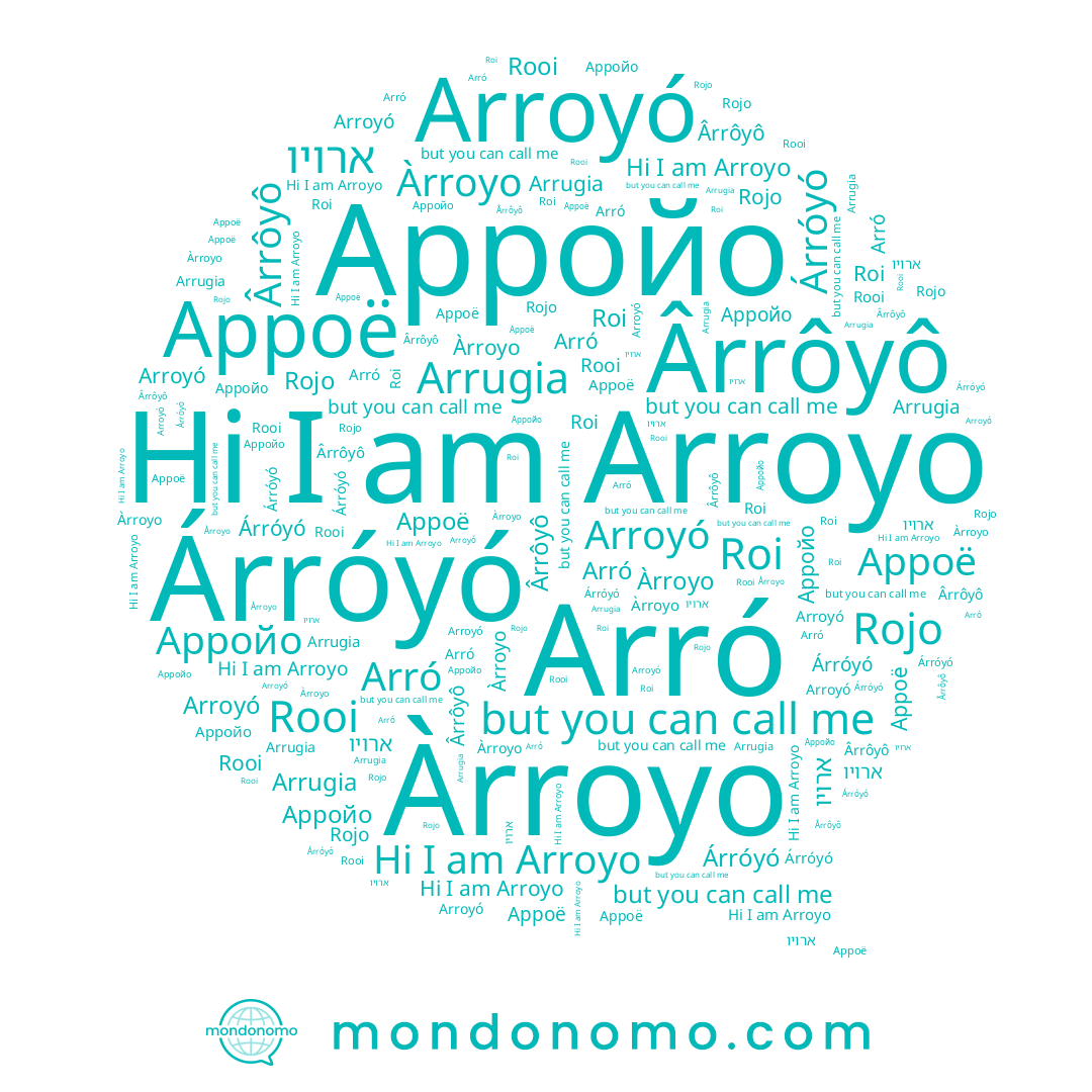 name Арройо, name Арроё, name Àrroyo, name Ârrôyô, name Rooi, name Arró, name Arrugia, name Roi, name Árróyó, name ארויו, name Arroyó, name Arroyo, name Rojo