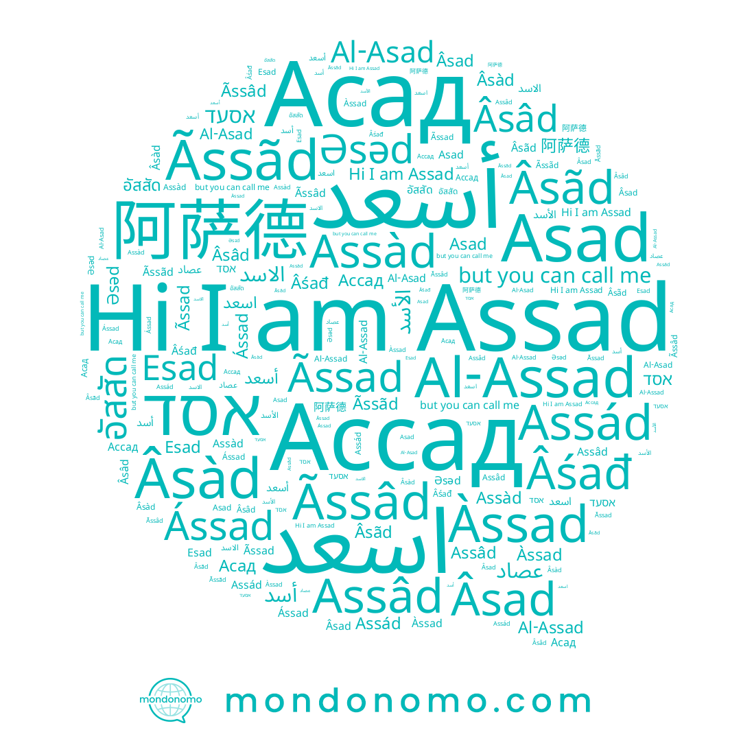 name Ássad, name Âsàd, name اسعد, name Assad, name Ассад, name อัสสัด, name אסד, name Àssad, name الأسد, name Асад, name Âśađ, name Al-Assad, name Âsad, name אסעד, name Ãssâd, name Asad, name Assád, name Âsâd, name Esad, name Ãssad, name عصاد, name 阿萨德, name Âsãd, name Assàd, name Al-Asad, name أسعد, name الاسد, name Əsəd, name Ãssãd, name أسد, name Assâd