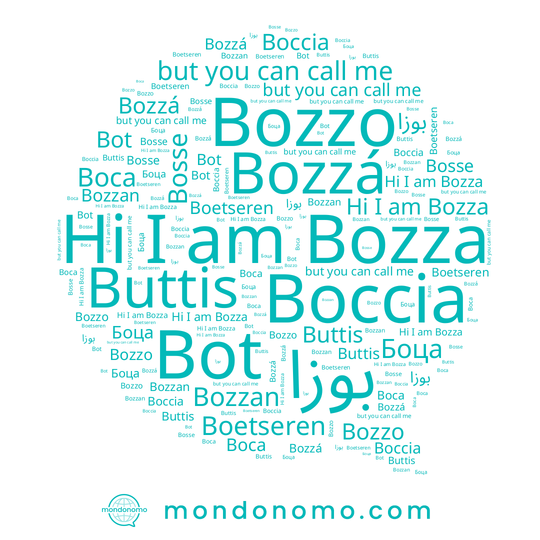 name Boccia, name بوزا, name Боца, name Bozza, name Bot, name Bosse, name Bozzá, name Bozzo, name Boetseren, name Bozzan, name Boca, name Buttis