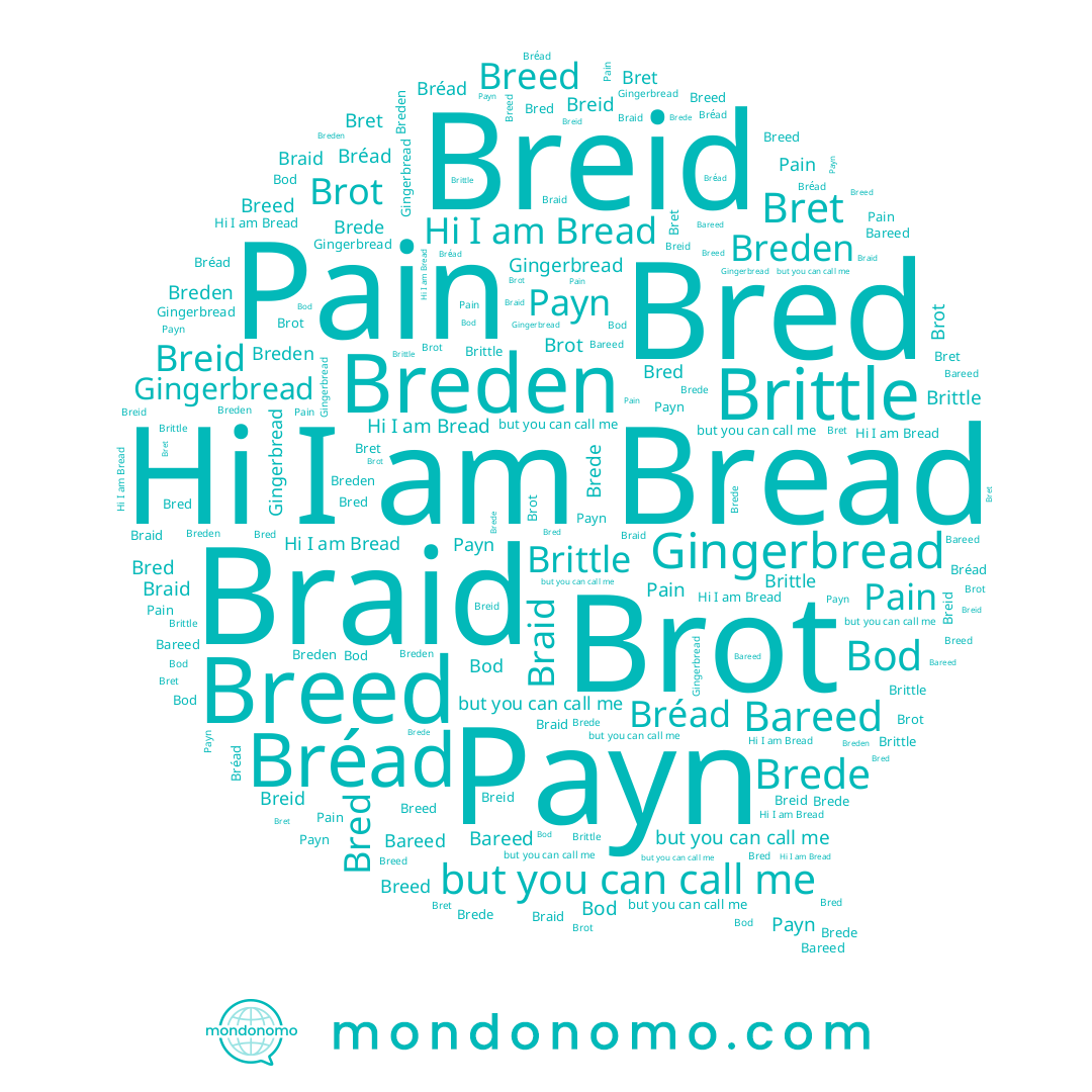 name Bret, name Brede, name Breed, name Breid, name Payn, name Brittle, name Braid, name Breden, name Brot, name Pain, name Bareed, name Bod, name Bread, name Bréad