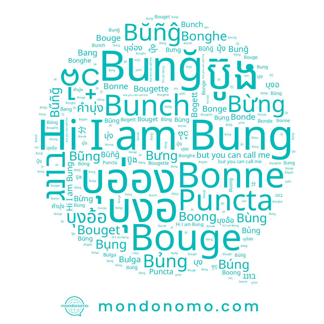 name บุอ่อง, name Bụng, name บุ้ง, name Bonge, name บุงอ้อ, name บุงอ, name Boong, name Bouget, name ប៊ូង, name Bougette, name คำบุ่ง, name Bùng, name בונג, name Bonne, name บุง, name Bulga, name Bonghe, name ဗုင္, name Bung, name Bũng, name Bŭñĝ, name Bunğ, name Bonde, name 分, name Bưng, name Bűñğ, name Bủng, name Búng, name Puncta, name Bunch, name Bừng, name Bang, name Bouge, name Bogett