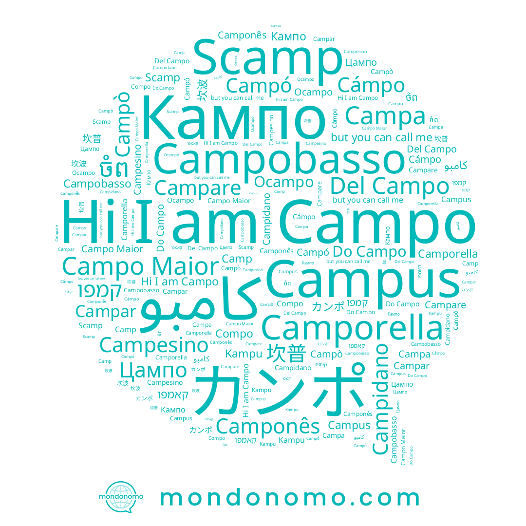 name Cámpo, name Campobasso, name Camporella, name 坎波, name كامبو, name Ocampo, name Цампо, name קמפו, name Camponês, name Campus, name Scamp, name 坎普, name Campó, name Campò, name ចំព, name Kampu, name Camp, name קאמפו, name Compo, name Campare, name Campo Maior, name Campa, name Campar, name Campo, name Кампо