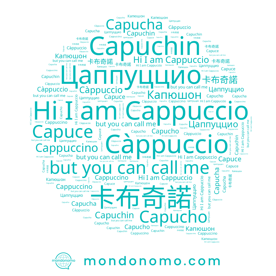 name Capucho, name Cappuccino, name Capucha, name 卡布奇諾, name Капюшон, name Capuchin, name Cappuccio, name Càppuccio, name Цаппуццио, name Capuce