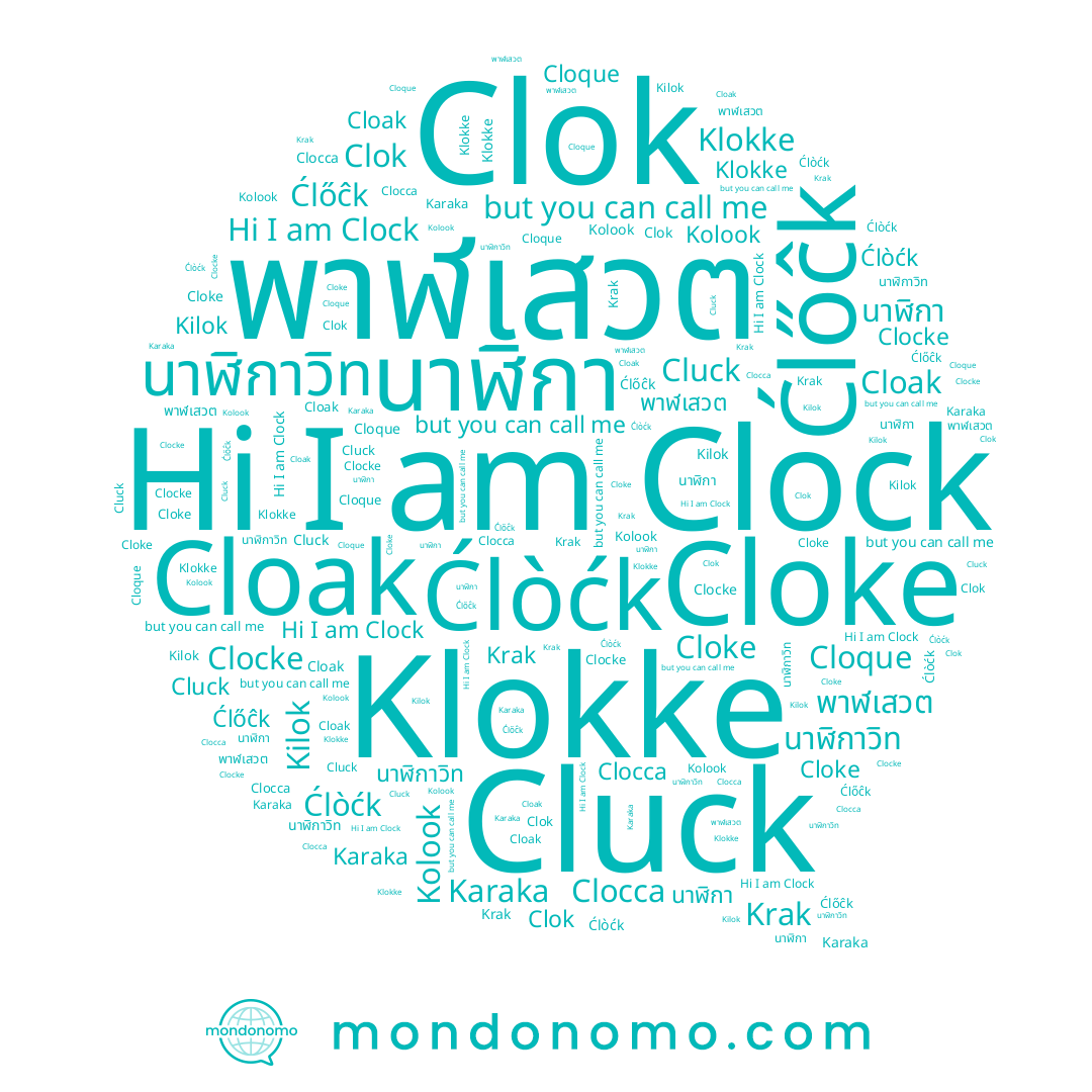 name Krak, name Clocca, name Cloak, name Karaka, name Clok, name นาฬิกาวิท, name พาฬเสวต, name Ćlőĉk, name นาฬิกา, name Cluck, name Ćlòćk, name Cloke, name Clock, name Kilok, name Cloque, name Klokke, name Clocke