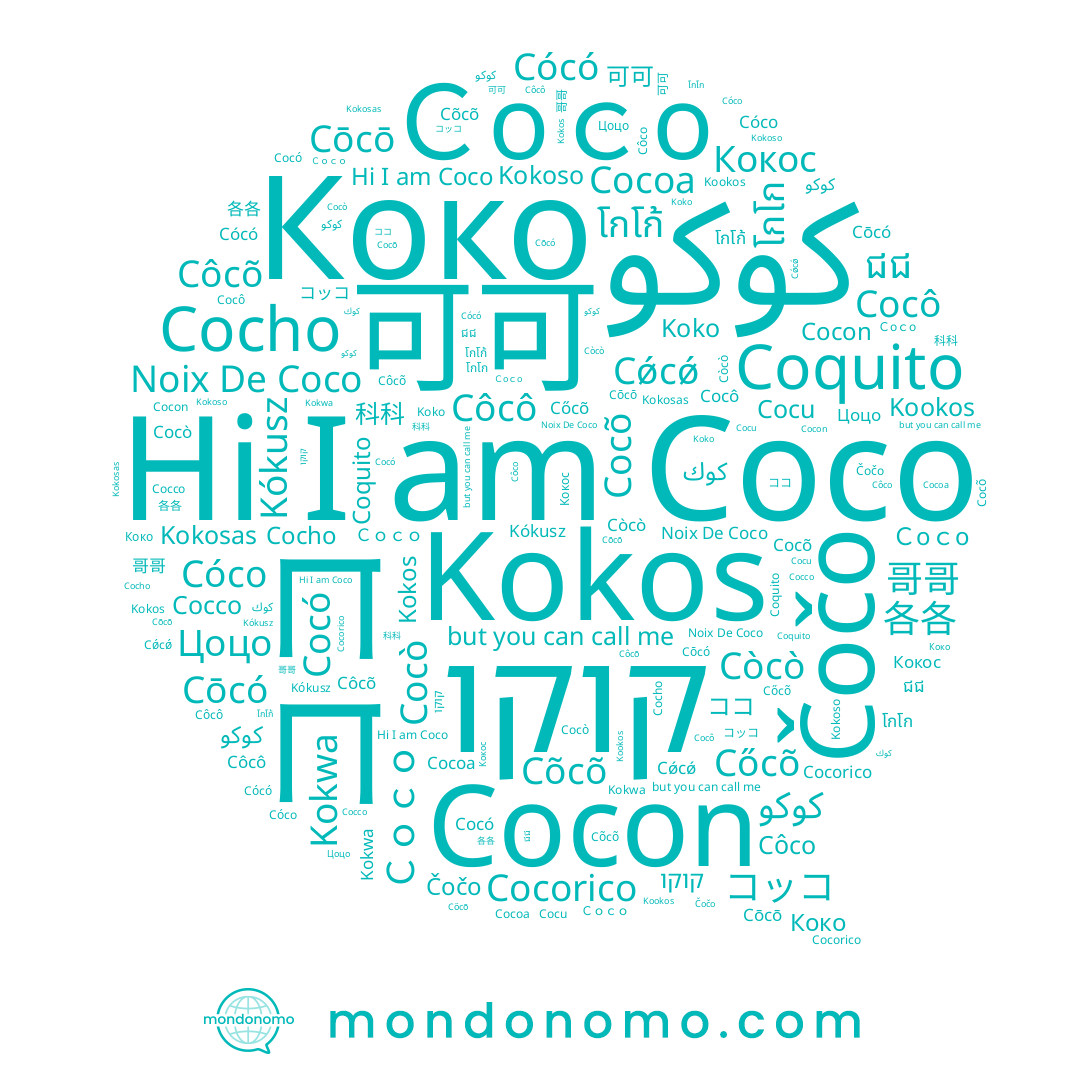 name Cocon, name Côco, name ជជ, name 各各, name كوك, name Коко, name Кокос, name Cōcó, name Kókusz, name Còcò, name Cõcõ, name Cōcō, name Koko, name 可可, name Côcõ, name Cocho, name Cocò, name Coco, name コッコ, name Ｃoｃo, name Cocco, name Cǿcǿ, name كوكو, name ココ, name โกโก้, name Coquito, name Cocõ, name Kokwa, name کوکو, name 科科, name Cőcõ, name Cócó, name Kokoso, name 哥哥, name Цоцо, name Cocorico, name Cocó, name Kokosas, name Cocô, name Čočo, name Noix De Coco, name Kokos, name Cóco, name Cocu, name Côcô, name קוקו