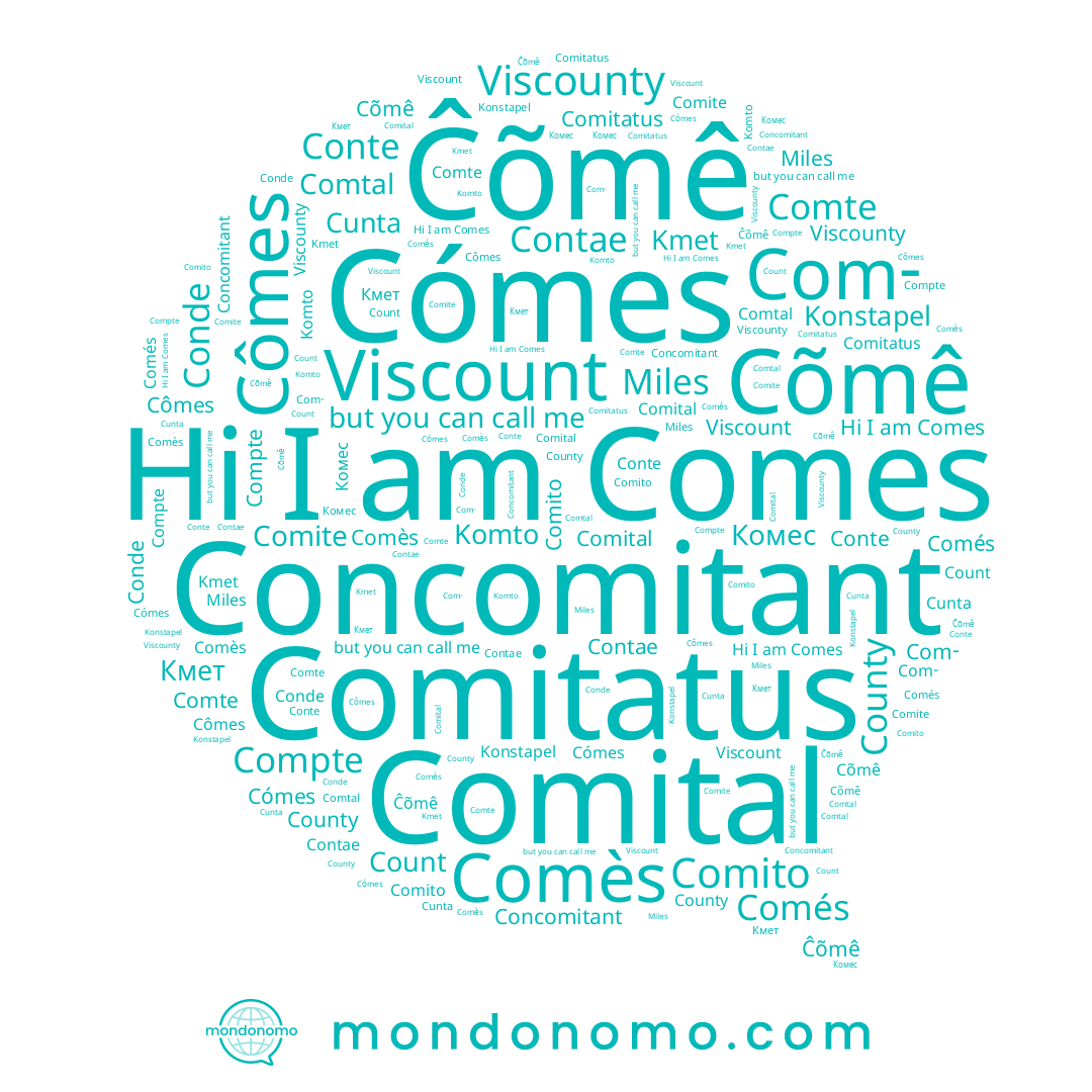 name Ĉõmê, name Count, name Cómes, name Комес, name Miles, name Кмет, name Comés, name Comès, name Compte, name Kmet, name Komto, name Conde, name Comte, name Viscount, name County, name Cunta, name Comes, name Conte, name Konstapel, name Viscounty, name Cômes, name Cõmê, name Comito