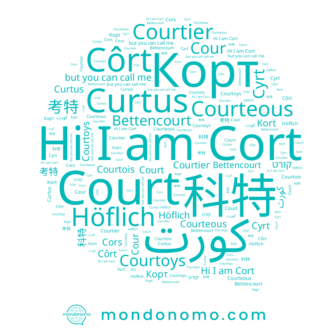 name Court, name Bettencourt, name Courtoys, name Cyrt, name 考特, name Cort, name Kort, name Cors, name 科特, name Höflich, name كورت, name Courtier, name Cour, name Curtus, name Côrt, name קורט, name Корт, name Courtois