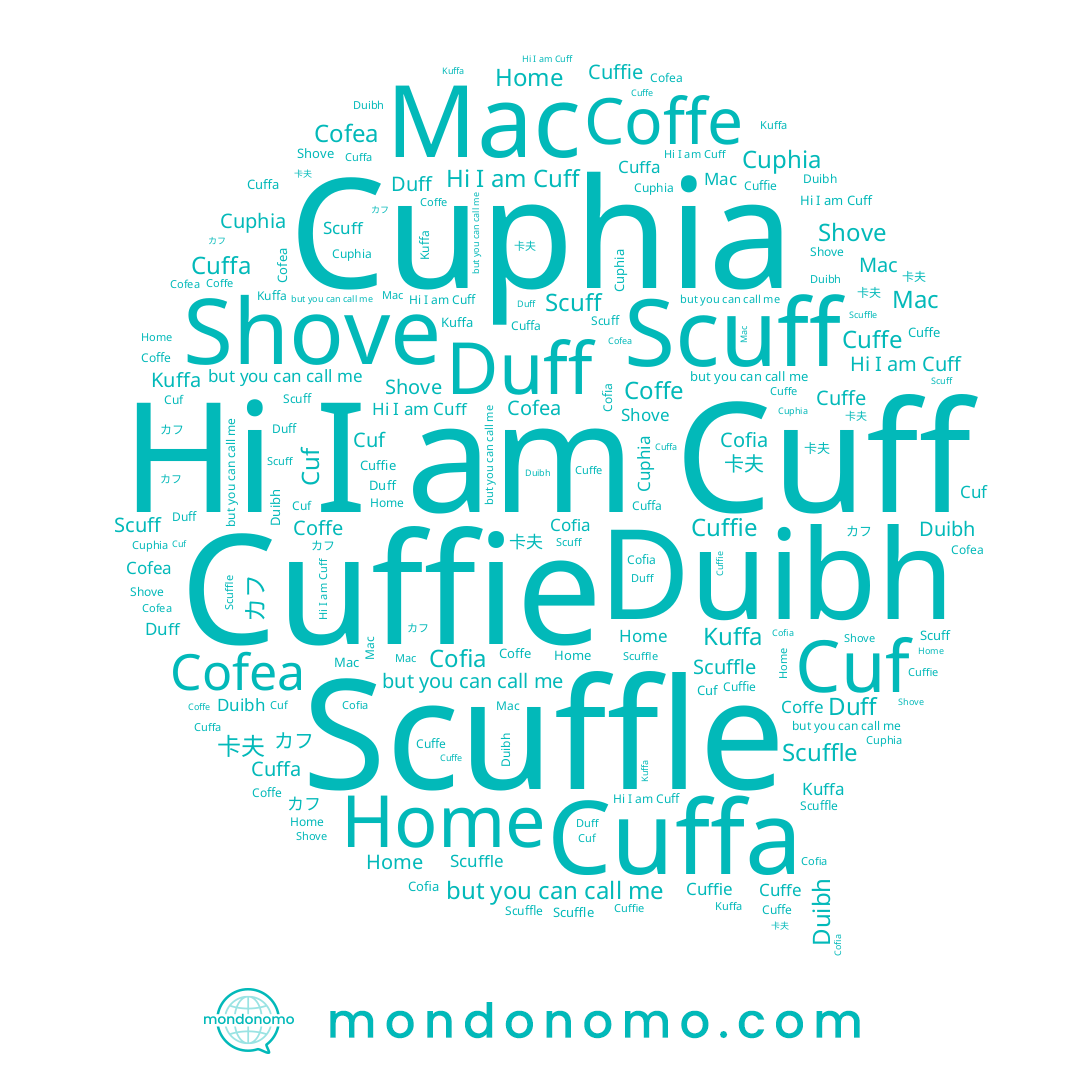 name Cuffie, name Shove, name Cuphia, name Cuffe, name Cofia, name Cuffa, name Cuff, name 卡夫, name カフ, name Home, name Scuffle, name Coffe, name Kuffa, name Duff, name Mac