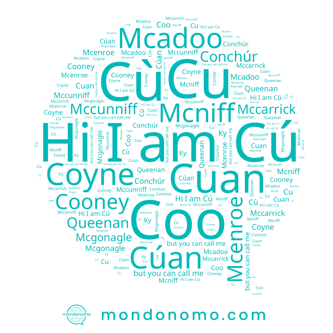 name Cú, name Cù, name Mcadoo, name Mcenroe, name Mcniff, name Conchúr, name Mccarrick, name Ку, name Cúan, name Cuan, name Mccunniff, name Queenan, name Cooney, name Coo, name Coyne, name Mcgonagle