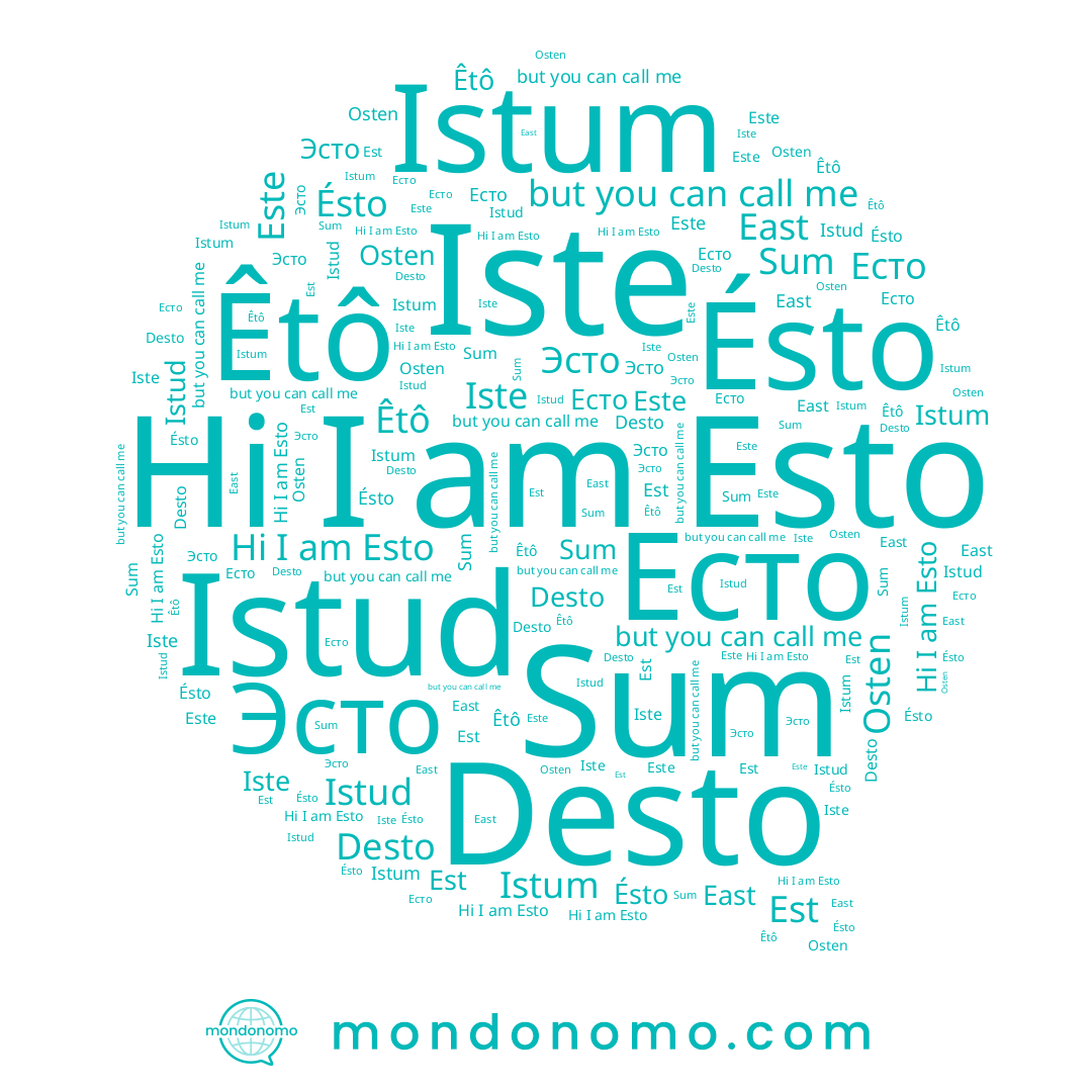 name East, name Ésto, name Эсто, name Есто, name Istum, name Esto, name Desto, name Este, name Istud, name Est, name Êtô, name Osten, name Sum