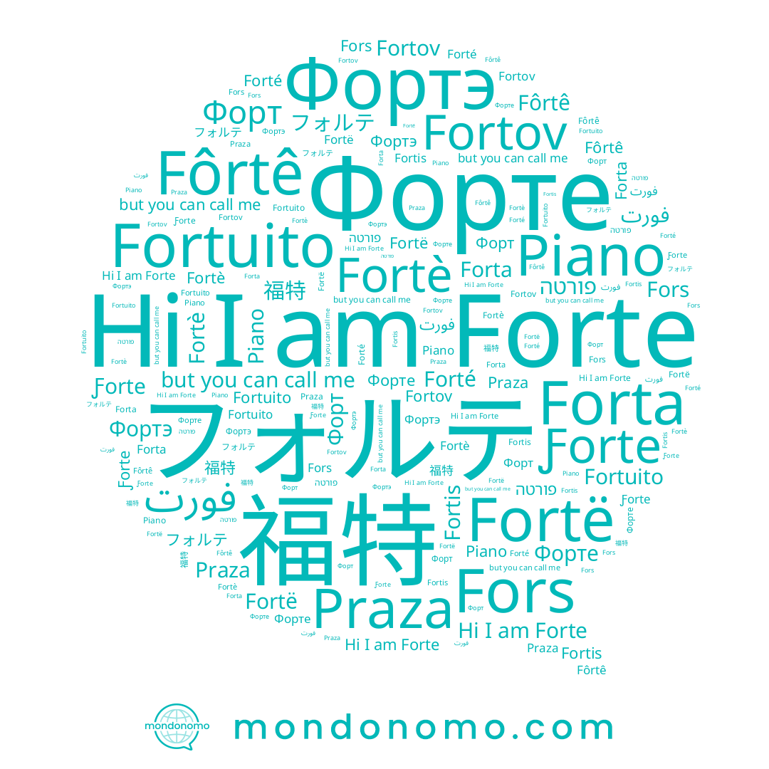 name Фортэ, name 福特, name Piano, name フォルテ, name Forté, name פורטה, name Fors, name Fortè, name Fortë, name Praza, name Ƒorte, name Fortis, name Fôrtê, name Forte, name Fortuito, name Fortov