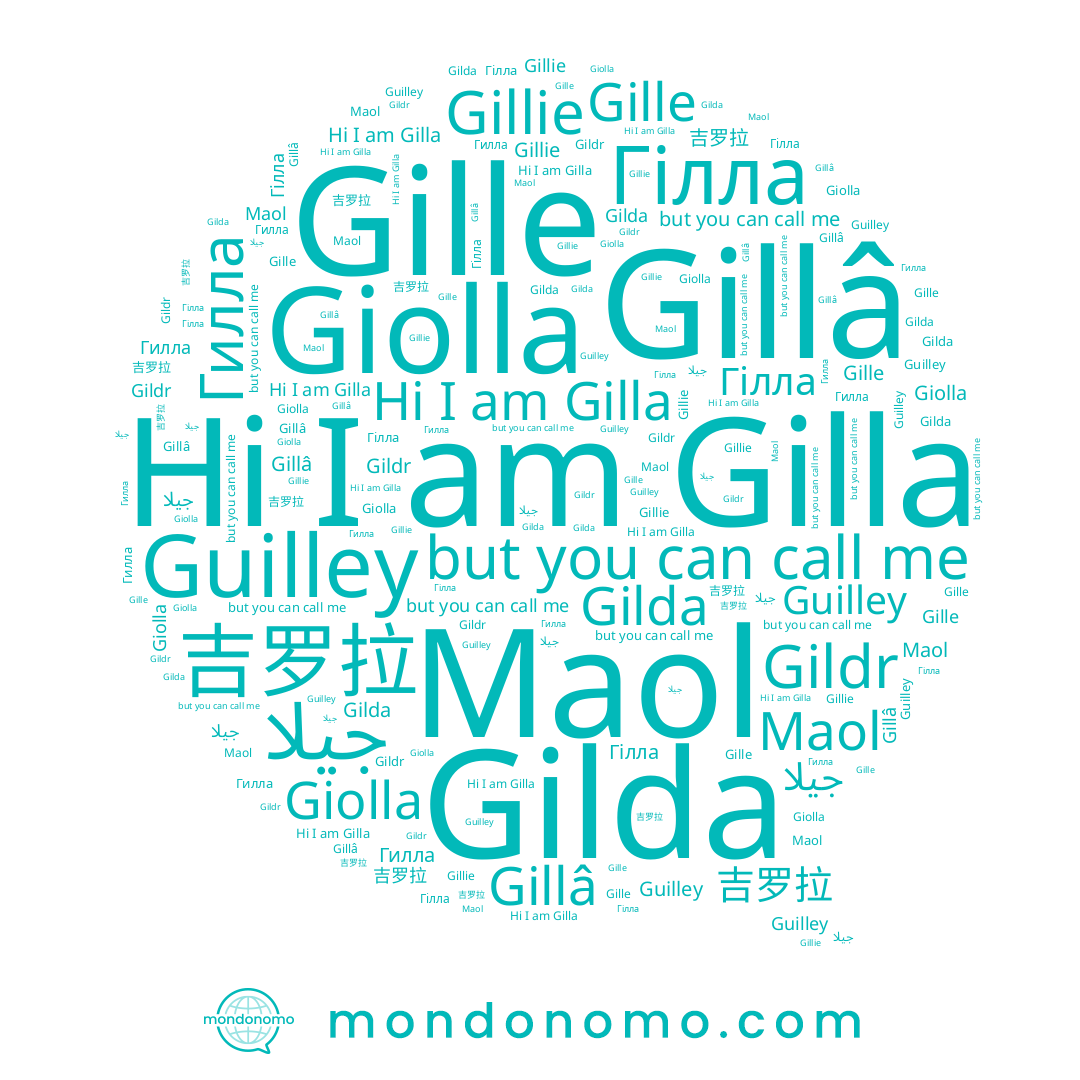 name Gilla, name جيلا, name Giolla, name Gillie, name Gildr, name Гілла, name 吉罗拉, name Gille, name Guilley, name Гилла, name Maol, name Gillâ, name Gilda