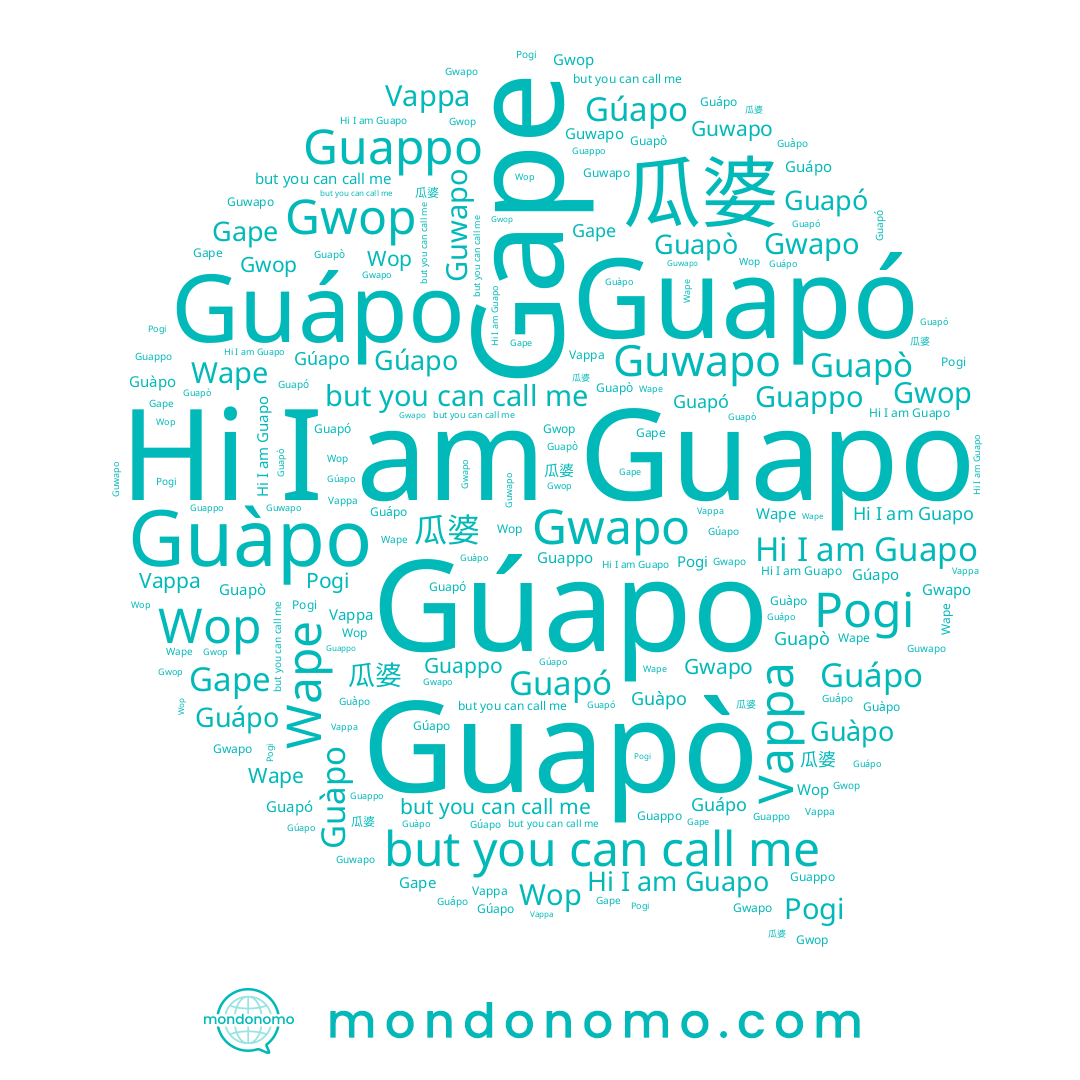 name Guapò, name Gape, name Guwapo, name 瓜婆, name Pogi, name Gwapo, name Guàpo, name Gwop, name Guapó, name Guápo, name Guappo, name Gúapo, name Wape, name Guapo, name Vappa