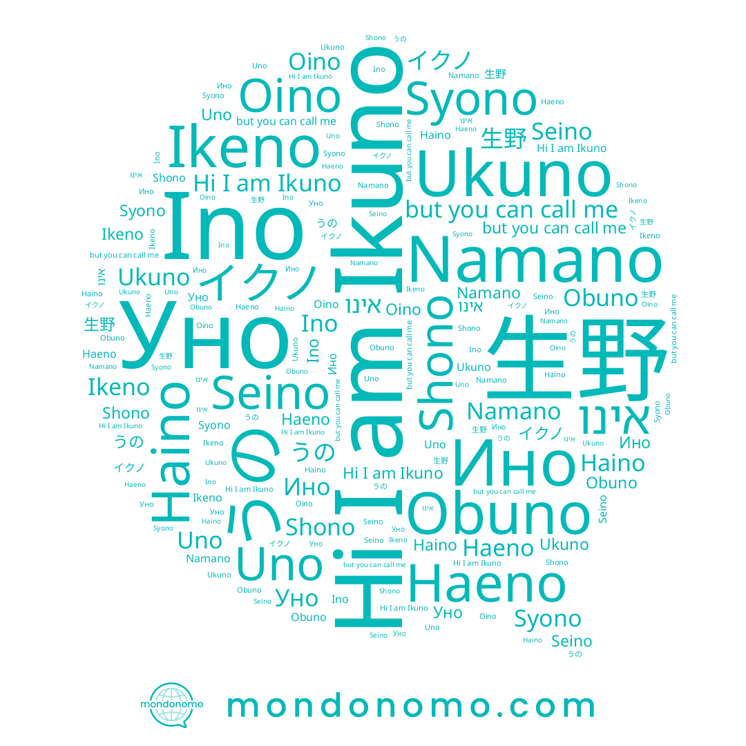 name 生野, name Obuno, name Namano, name אינו, name Ino, name Уно, name Shono, name Oino, name Seino, name Ikuno, name Ино, name Ukuno, name Ikeno, name Haeno, name Uno, name うの, name イクノ, name Syono, name Haino