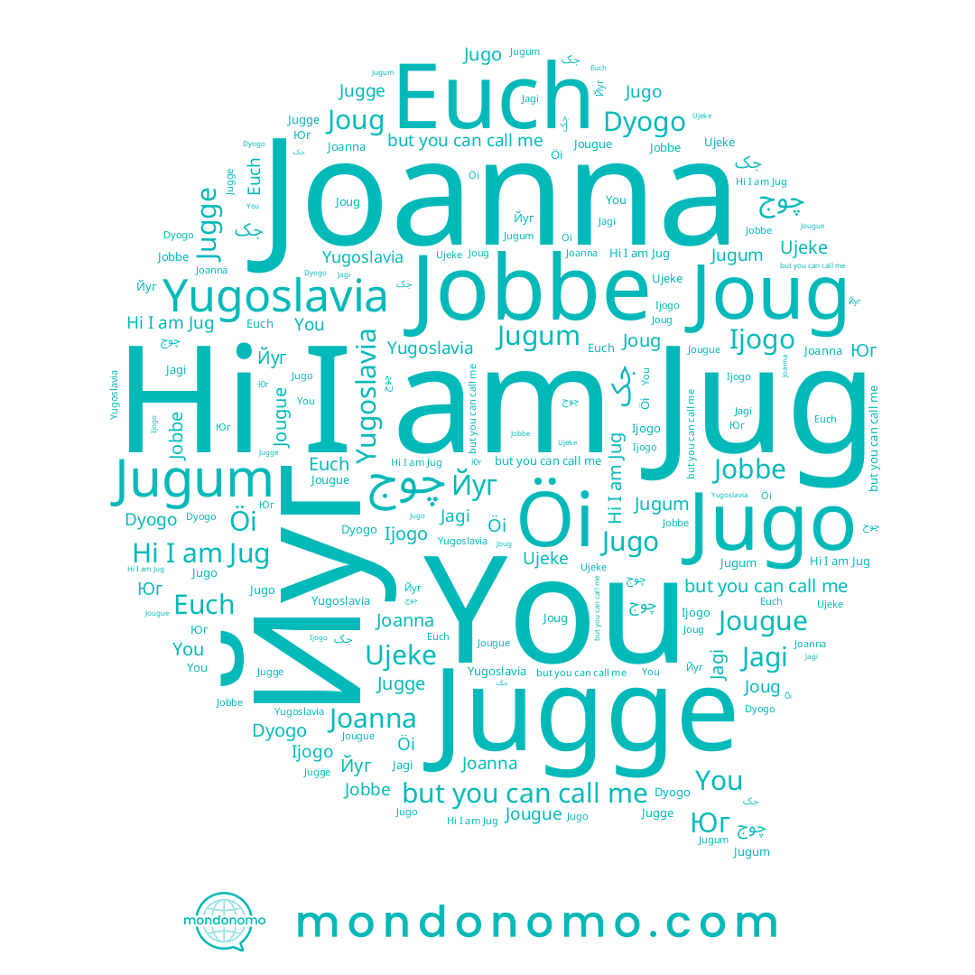 name Jug, name Joug, name Jugo, name Jagi, name Ujeke, name Jobbe, name Euch, name Jugge, name Jugum, name Yugoslavia, name Йуг, name You, name چوج, name جک, name Joanna, name Ijogo, name Юг, name Dyogo