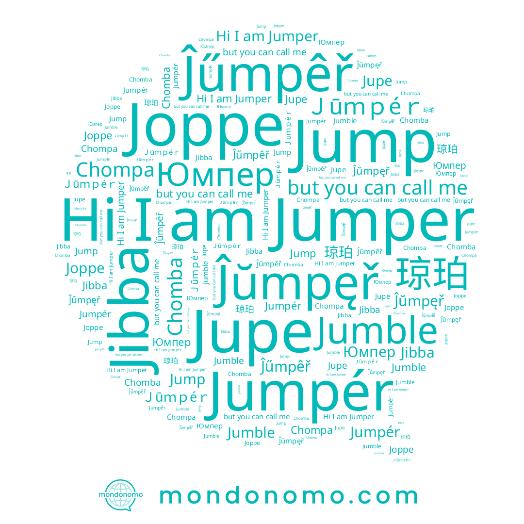 name Юмпер, name Ｊūｍｐéｒ, name Jibba, name Joppe, name Chomba, name Chompa, name 琼珀, name Jumper, name Jupe, name Ĵŭmpęř, name Ĵűmpêř, name Jump, name Jumpér