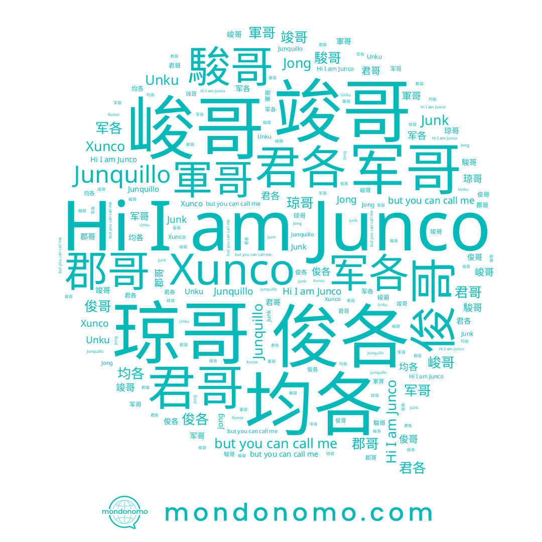 name 郡哥, name 俊各, name Xunco, name 军哥, name 軍哥, name 俊哥, name 峻哥, name Unku, name 均各, name 琼哥, name Junk, name Jong, name Junco, name 駿哥, name 军各, name 竣哥, name 君哥, name 君各
