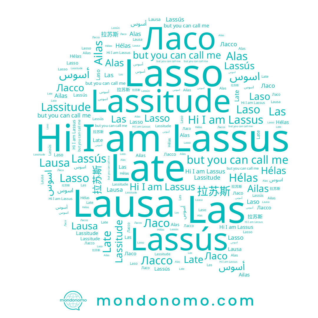 name Lassitude, name Lasso, name Las, name Lausa, name أسوس, name اسوس, name Laso, name Late, name 拉苏斯, name Ailas, name Alas, name Lassús, name Лассо, name Lassus, name Hélas