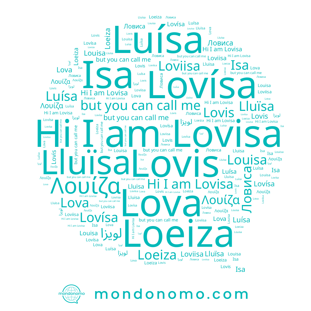 name Lovisa, name Λουίζα, name Lluïsa, name Lova, name Luísa, name Lovísa, name Ловиса, name Loeiza, name Lovis, name Isa, name لويزا, name Louisa