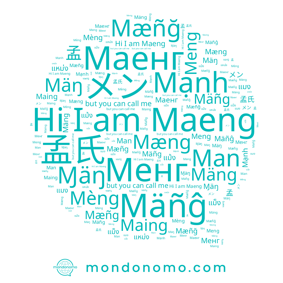 name Meng, name Maing, name Маенг, name แม้ง, name Mạnh, name 孟氏, name メン, name Mäŋ, name Maeng, name Mäñĝ, name 맹, name แมง, name Mæng, name Mäng, name Mèng, name Man, name แม็ง, name 孟, name Mæñg, name Ɱäŋ, name Mæñğ, name Mäñg, name Менг