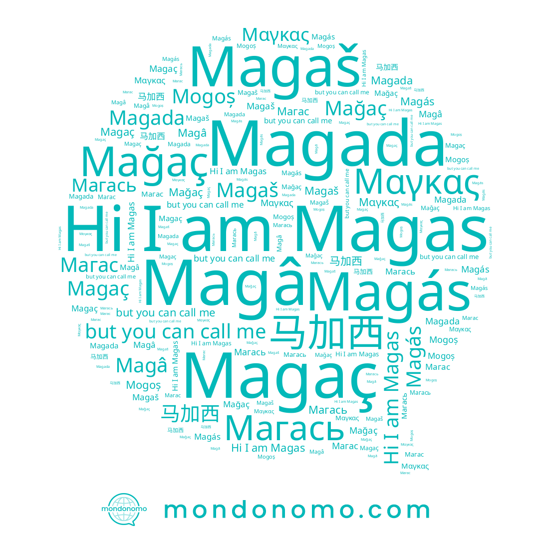 name Magada, name Magâ, name Mağaç, name Магась, name Mogoș, name Магас, name Magaš, name Magas, name Magás, name 马加西, name Μαγκας, name Magaç