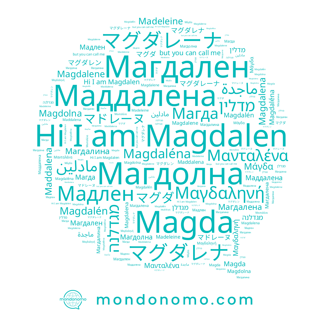 name マグダ, name Maddalena, name Magda, name Μανταλένα, name Магдолна, name マドレーヌ, name مادلين, name Маддалена, name מגדלן, name Magdaléna, name Magdalen, name Μαγδαληνή, name Магда, name Μάγδα, name מדלין, name Магдалина, name Магдалена, name Madeleine, name Magdalén, name Magdalene, name מגדלנה, name Magdalena, name マグダレナ, name Magdolna, name ماجدة, name Магдален, name Мадлен, name マグダレーナ