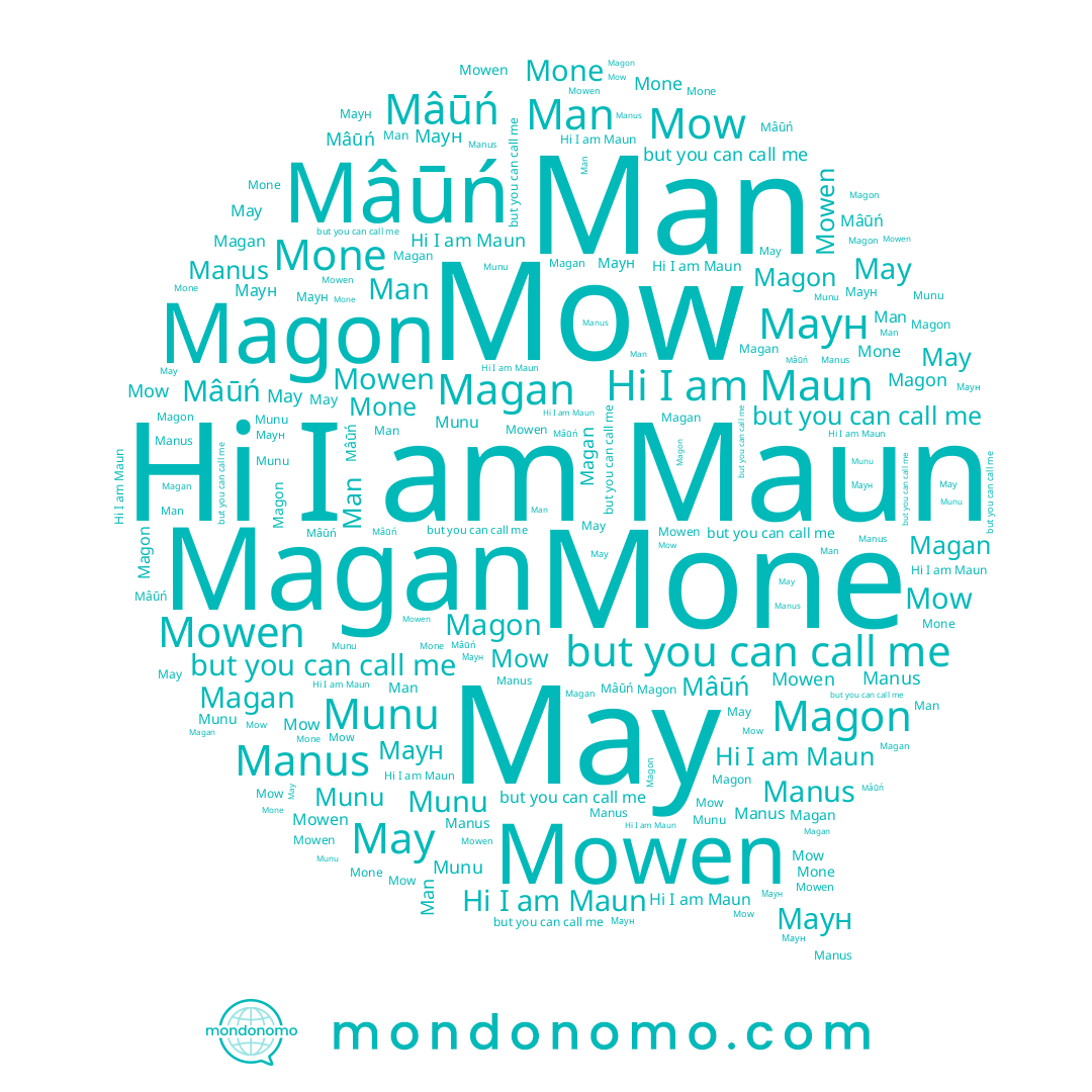 name Magan, name Mow, name Маун, name Mowen, name May, name Maun, name Munu, name Manus, name Mâūń, name Mone, name Magon, name Man