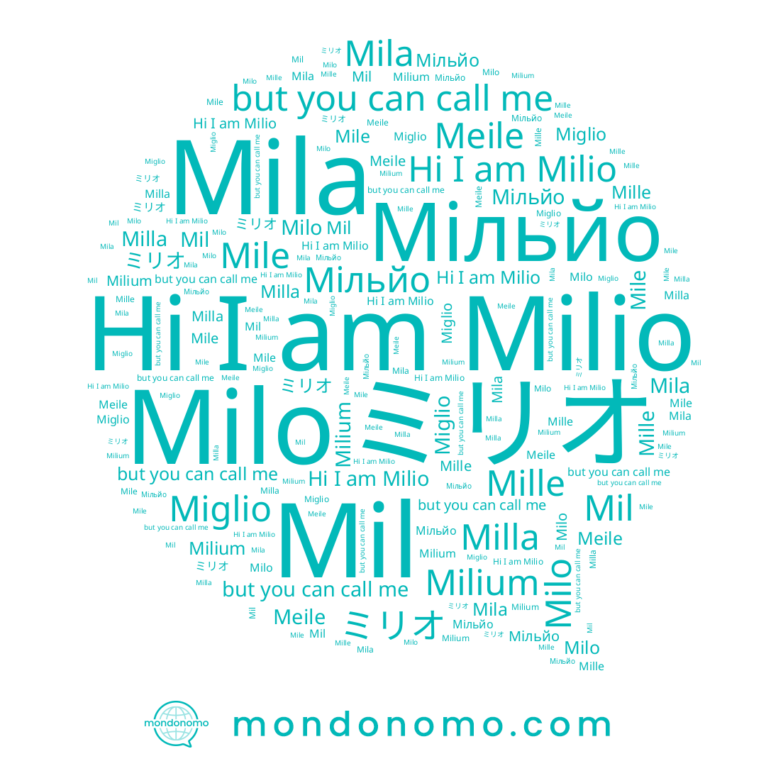 name Mil, name Mila, name Milo, name Meile, name Milla, name Miglio, name ミリオ, name Мільйо, name Milio, name Mile, name Mille
