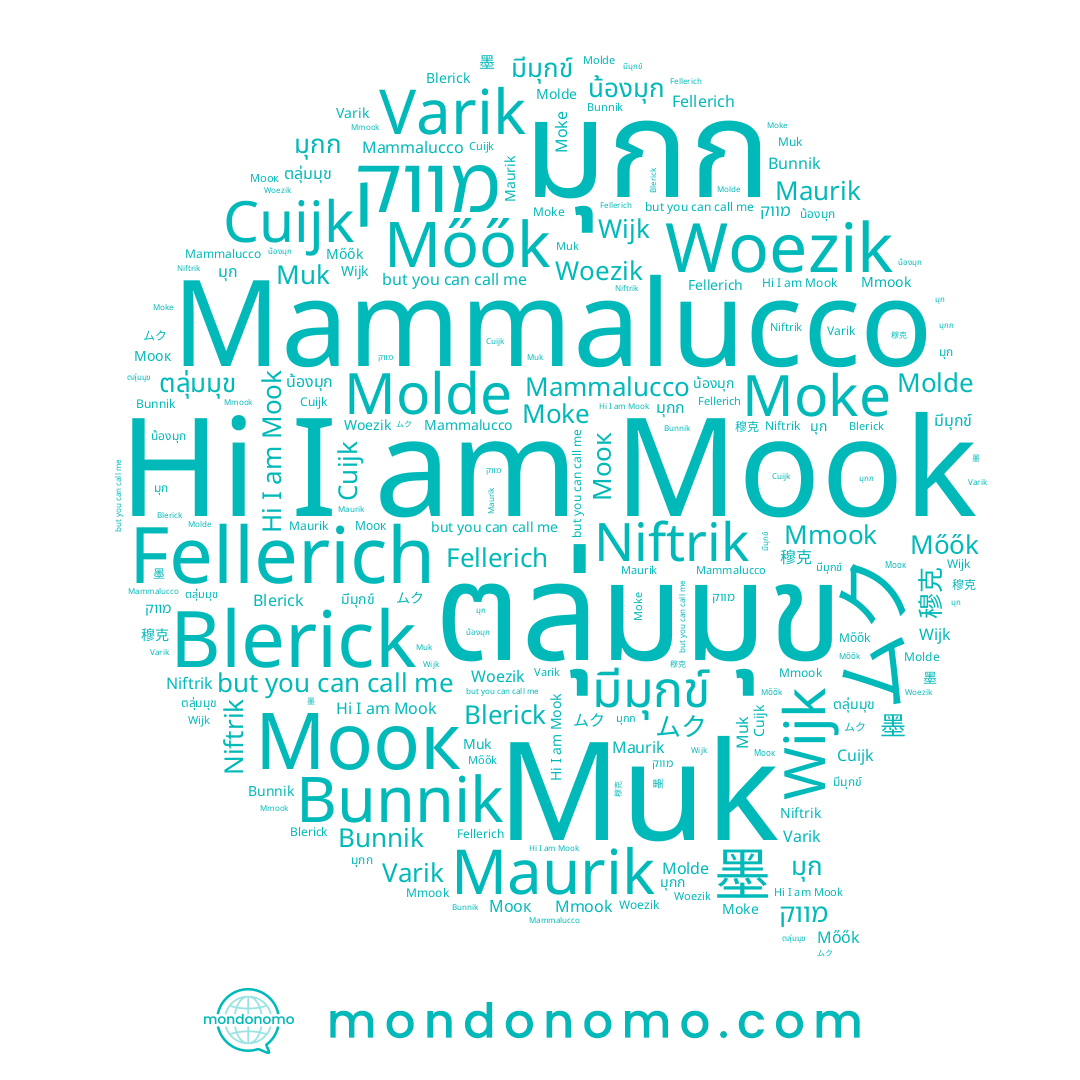 name มุก, name Mammalucco, name ムク, name 墨, name มีมุกข์, name Mook, name น้องมุก, name Niftrik, name มุกก, name Molde, name 穆克, name Woezik, name Mmook, name Bunnik, name Wijk, name ตลุ่มมุข, name Maurik, name Моок, name Moke, name Fellerich, name Mőők, name Varik, name Muk, name מווק