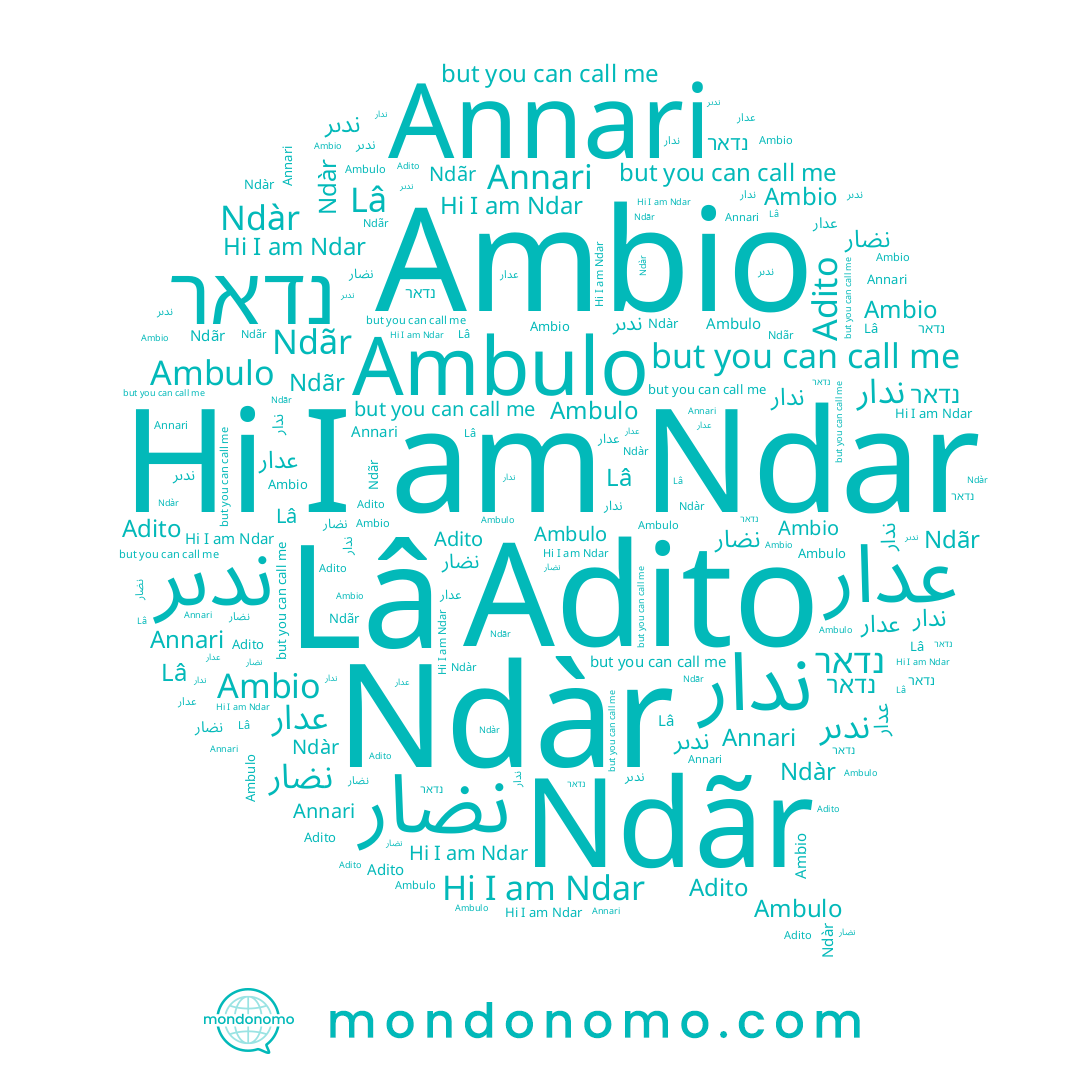 name Ndar, name Adito, name נדאר, name Ndãr, name ندار, name Lâ, name Annari, name ﻋﺪﺍﺭ, name Ambio, name Ndàr, name ندىر, name نضار, name Ambulo