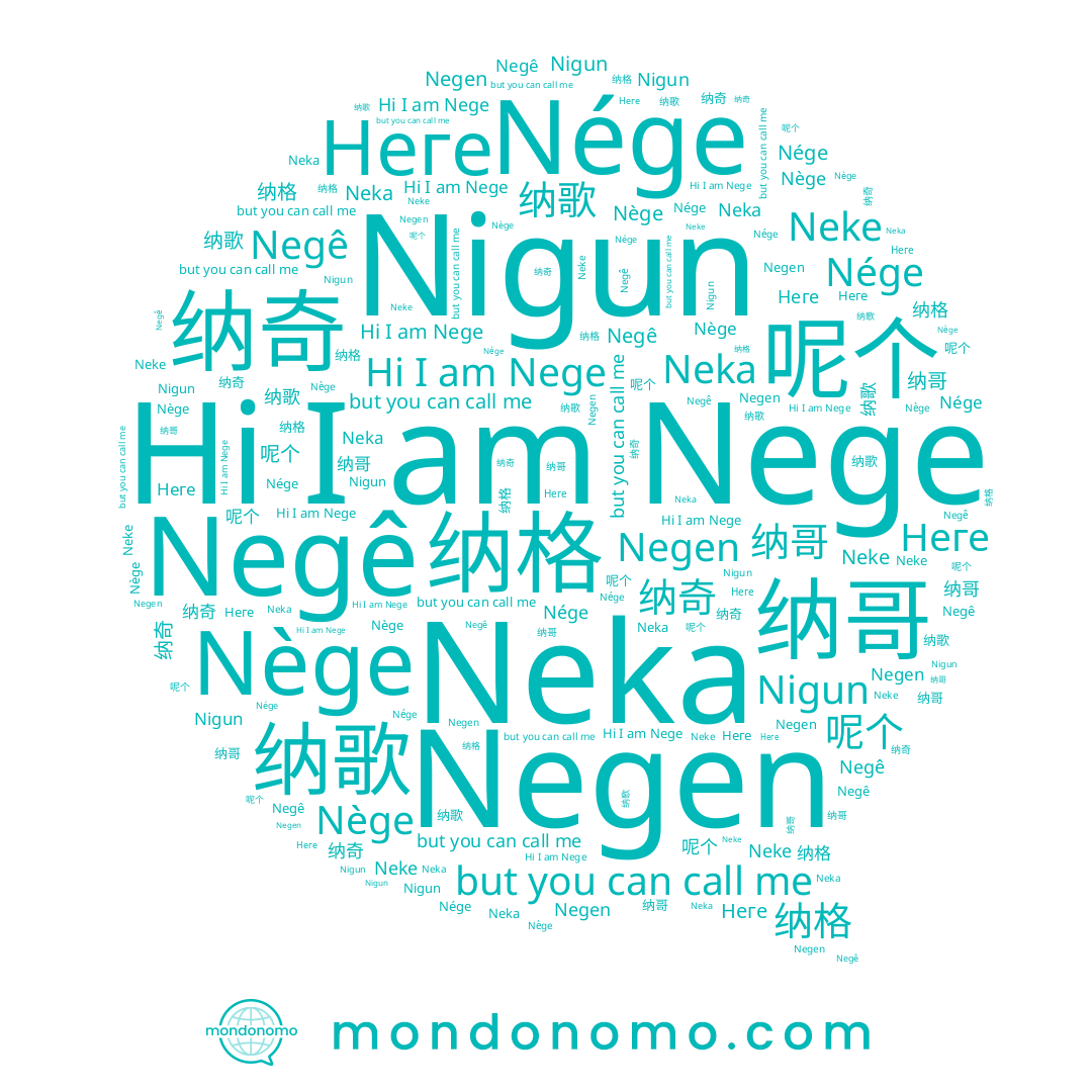 name 纳哥, name 纳格, name 呢个, name Neka, name Nège, name Negê, name Неге, name Neke, name 纳歌, name Nege, name Nége, name Negen, name Nigun, name 纳奇