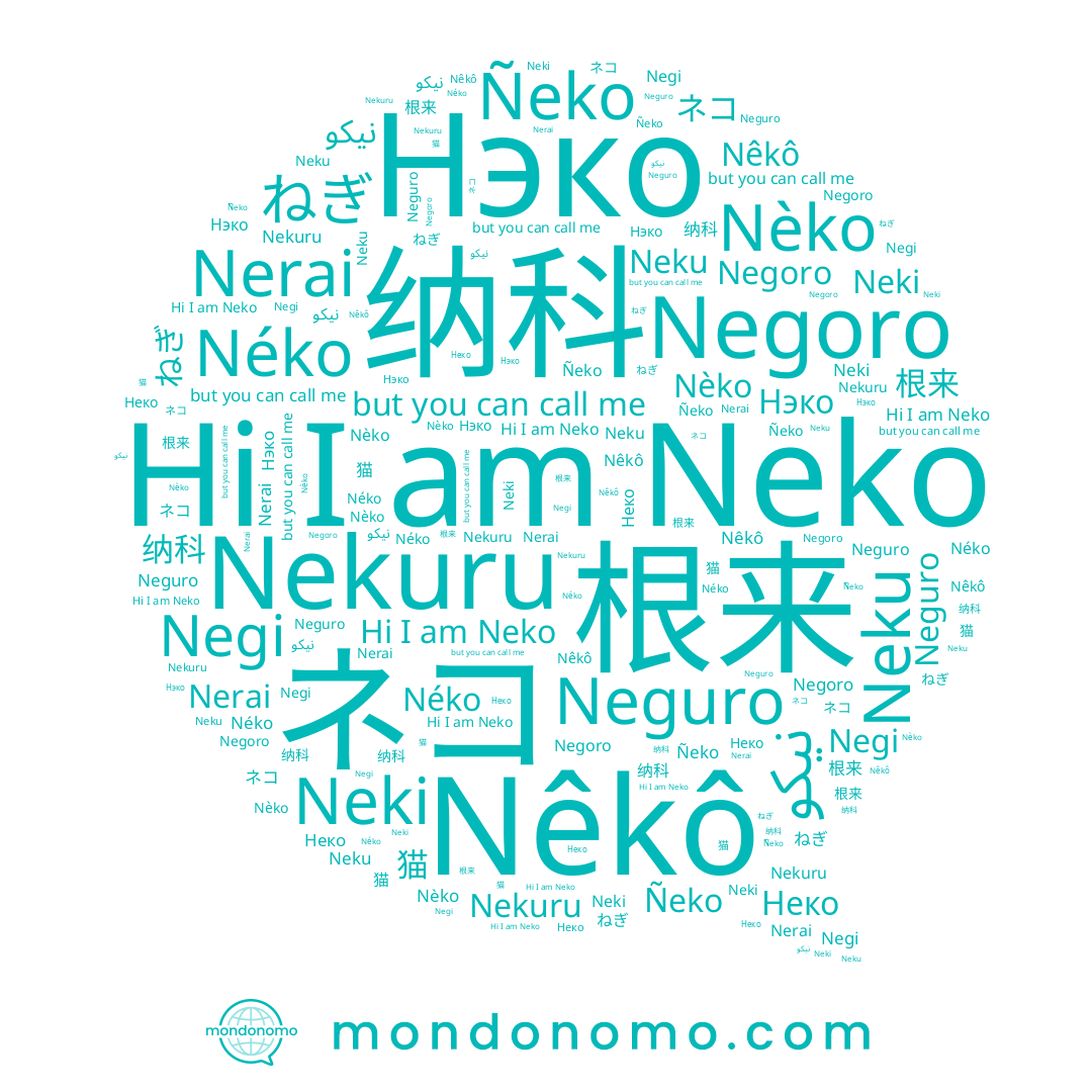 name Neku, name Нэко, name Nèko, name ネコ, name Neko, name Nêkô, name Negoro, name Ñeko, name 猫, name Néko, name Nerai, name ねぎ, name 根来, name Nekuru, name Neguro, name Negi, name Neki, name 纳科, name Неко