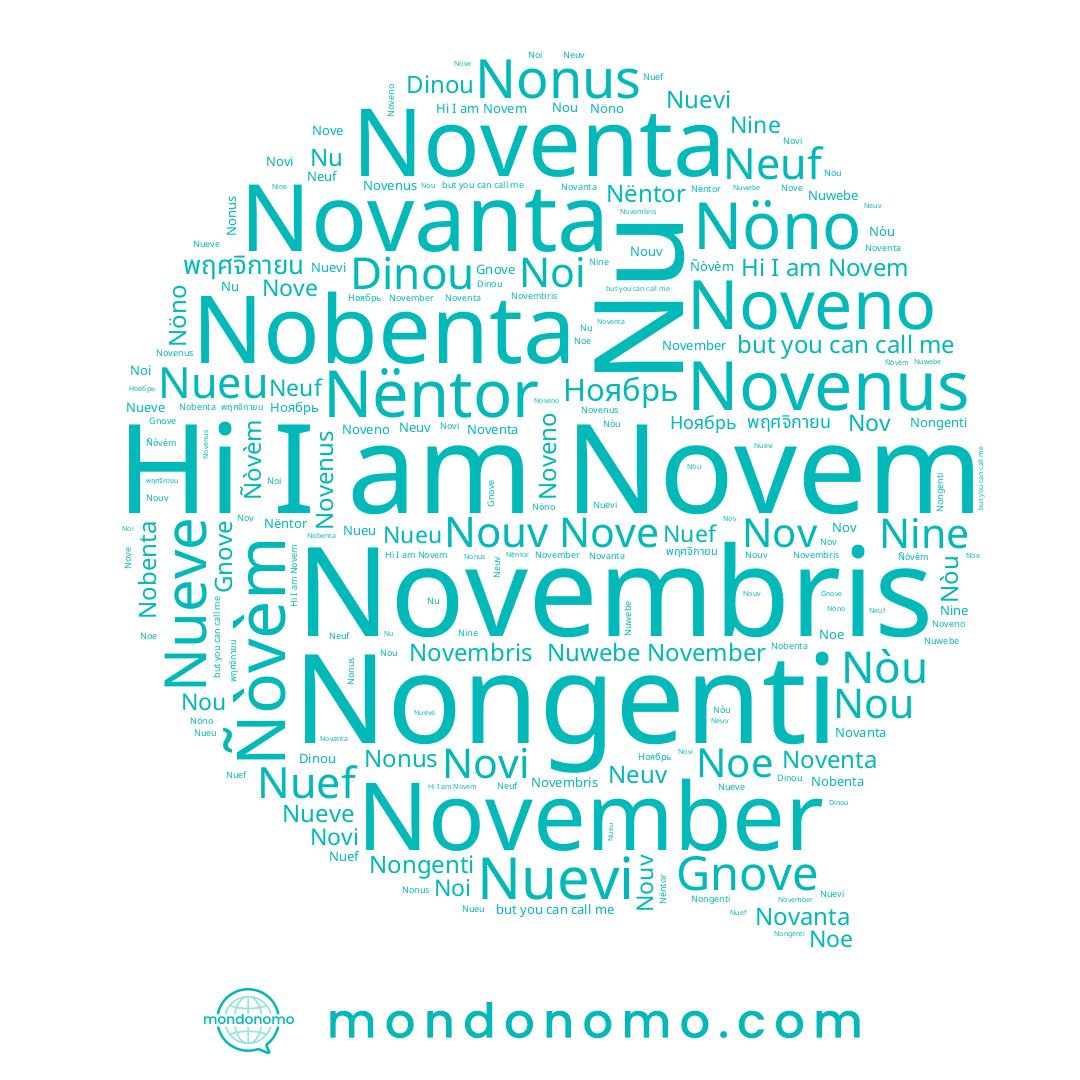 name Novenus, name Novembris, name Dinou, name Gnove, name November, name Nöno, name Nobenta, name Noe, name Nuevi, name Nove, name Noveno, name Novi, name Nuef, name Nòu, name Neuv, name Nongenti, name Nonus, name Noventa, name Nëntor, name Nine, name Nuwebe, name พฤศจิกายน, name Nu, name Novem, name Noi, name Ñòvèm, name Ноябрь, name Nueu