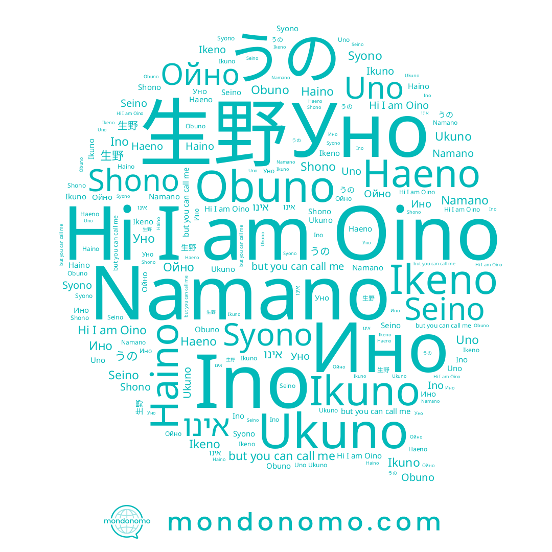 name 生野, name Obuno, name Namano, name אינו, name Ino, name Уно, name Shono, name Oino, name Seino, name Ikuno, name Ино, name Ukuno, name Ikeno, name Haeno, name Uno, name うの, name Ойно, name Syono, name Haino