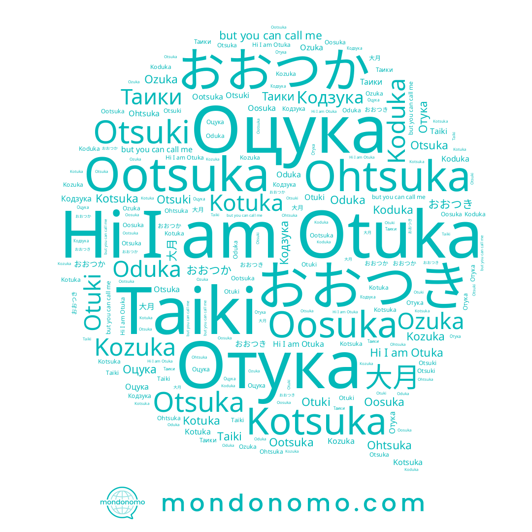 name Otuki, name おおつか, name Taiki, name Koduka, name おおつき, name Otsuki, name Otuka, name Kotuka, name Отука, name Таики, name Oosuka, name Kotsuka, name Ozuka, name Оцука, name 大月, name Кодзука, name Oduka, name Ootsuka, name Ohtsuka, name Kozuka, name Otsuka
