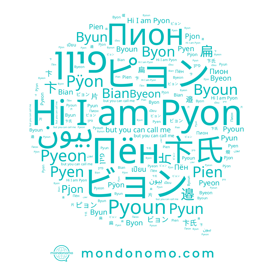 name Pjon, name Pyon, name Byun, name Pÿon, name เปียน, name 扁, name Pien, name 邉, name Bian, name Pyeon, name 편, name ピョン, name פיון, name بيون, name Pyun, name Byeon, name Byon, name Пён, name 卞氏, name 변, name 片, name Pyoun, name Byoun, name ビョン, name Pyen, name 卞