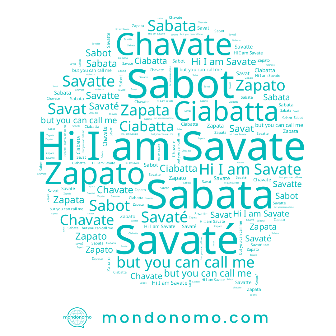 name Ciabatta, name Savat, name Savatte, name Zapata, name Chavate, name Sabot, name Savaté, name Sabata, name Savate