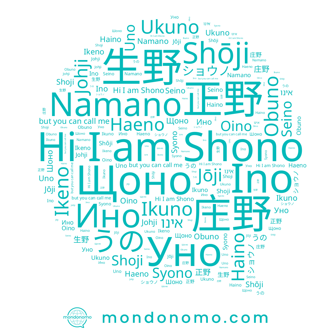 name 生野, name Obuno, name Namano, name Shōji, name אינו, name Ino, name Шоно, name Jōji, name Уно, name Shono, name Shoji, name Oino, name Seino, name Ikuno, name Ино, name Ukuno, name Ikeno, name Haeno, name Щоно, name 正野, name Uno, name うの, name 庄野, name Syono, name Johji, name Haino