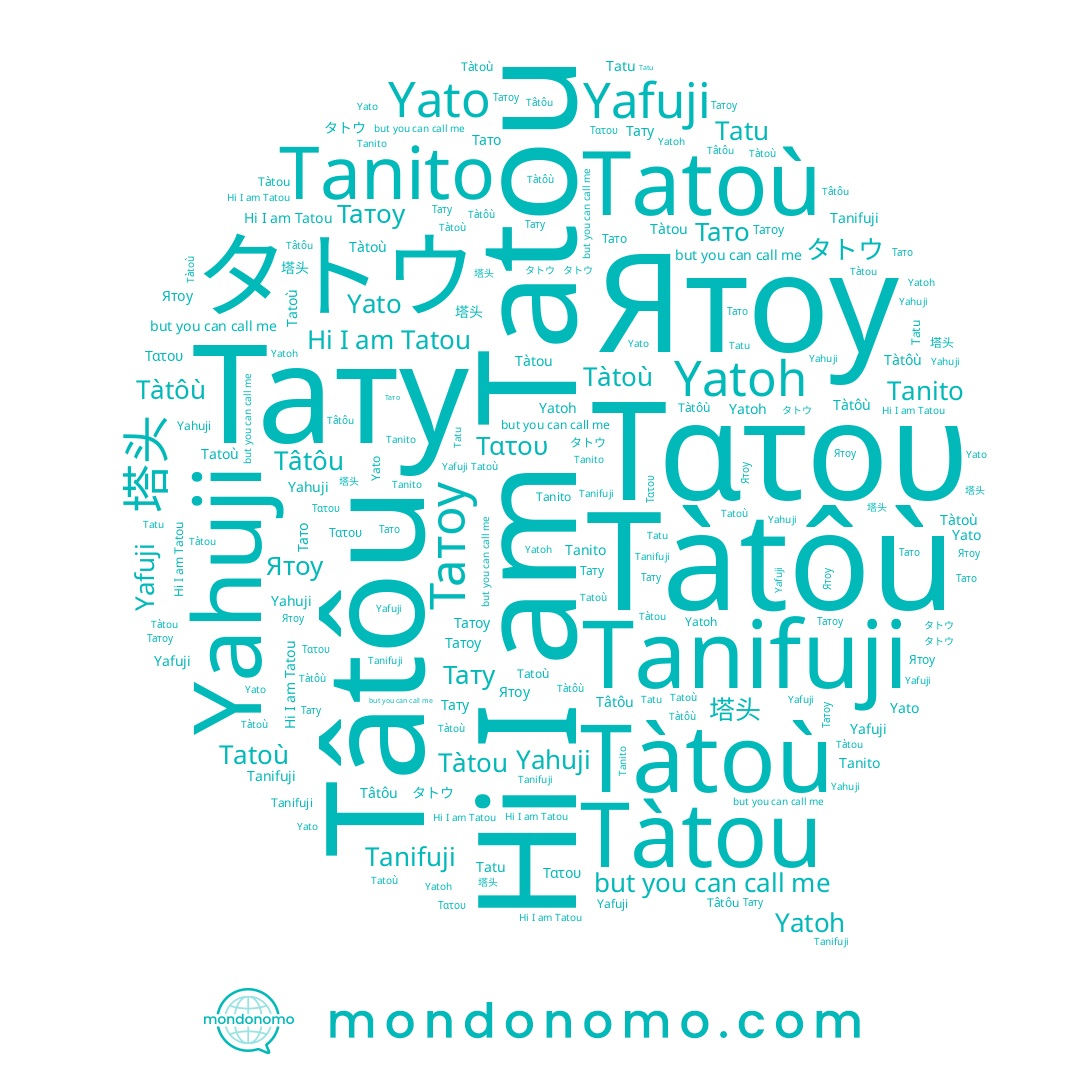 name 塔头, name Тату, name Tàtoù, name Tanifuji, name Татоу, name Yafuji, name Τατου, name Tatu, name Tanito, name Tatoù, name Tàtou, name Tatou, name Тато, name タトウ, name Yahuji, name Yatoh, name Ятоу, name Tàtôù, name Tâtôu, name Yato