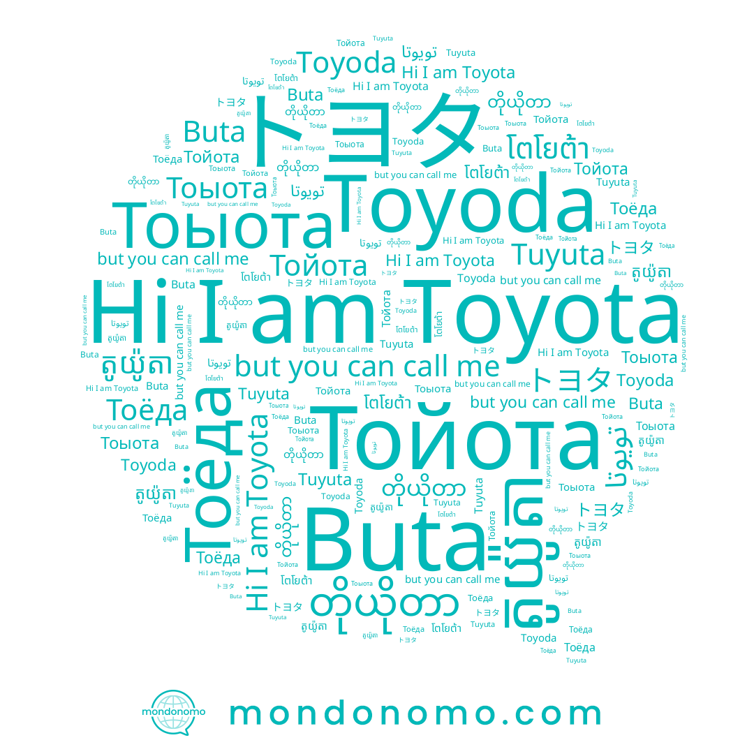 name Buta, name Toyota, name Тоыота, name តូយ៉ូតា, name トヨタ, name တိုယိုတာ, name Тойота, name Toyoda, name Тоёда, name تويوتا