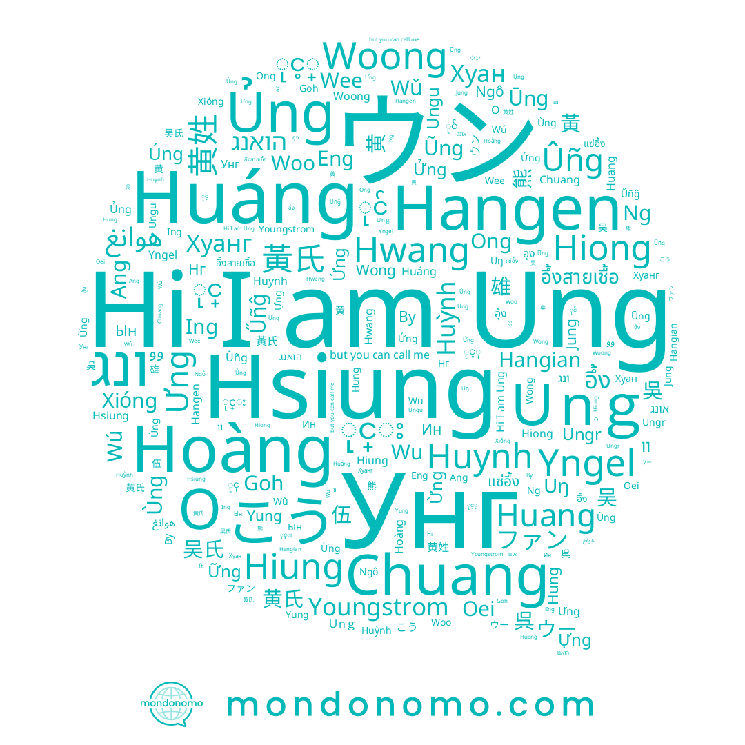 name Hoàng, name Hung, name Ng, name Hwang, name Ungu, name Ing, name Hiung, name Oei, name הואנג, name Eng, name Wee, name Ngô, name Wu, name Huáng, name Hangen, name Youngstrom, name Huỳnh, name Úng, name אונג, name Ûñg, name Wong, name Hangian, name Hsiung, name Ūnɡ, name Ưng, name Huynh, name Woong, name Woo, name Ũng, name Унг, name Ung, name Xióng, name Хуанг, name Ungr, name Нг, name Wú, name Хуан, name Űñĝ, name Jung, name Hiong, name Wǔ, name Ùng, name Goh, name ウン, name Ин, name Ang, name Huang, name Ong, name Ын, name Yung, name Ву, name Chuang, name O