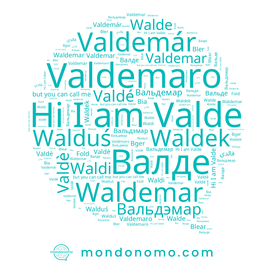 name Valdè, name Valde, name Walduś, name Waldek, name Вальдемар, name Валде, name Waldemar, name Valdemaro, name Вальде, name Waldi, name Bger, name Valdé, name Valdemar, name Bler, name Valdemár, name فالدي, name Walde, name Blear, name Вальдэмар, name Bia