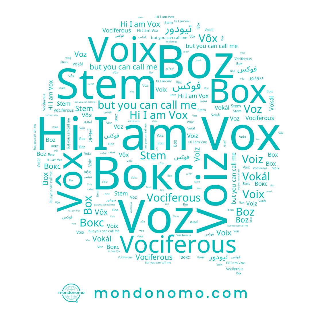 name Stem, name Vôx, name Boz, name Vox, name Vokál, name Vociferous, name Вох, name Voiz, name فوكس