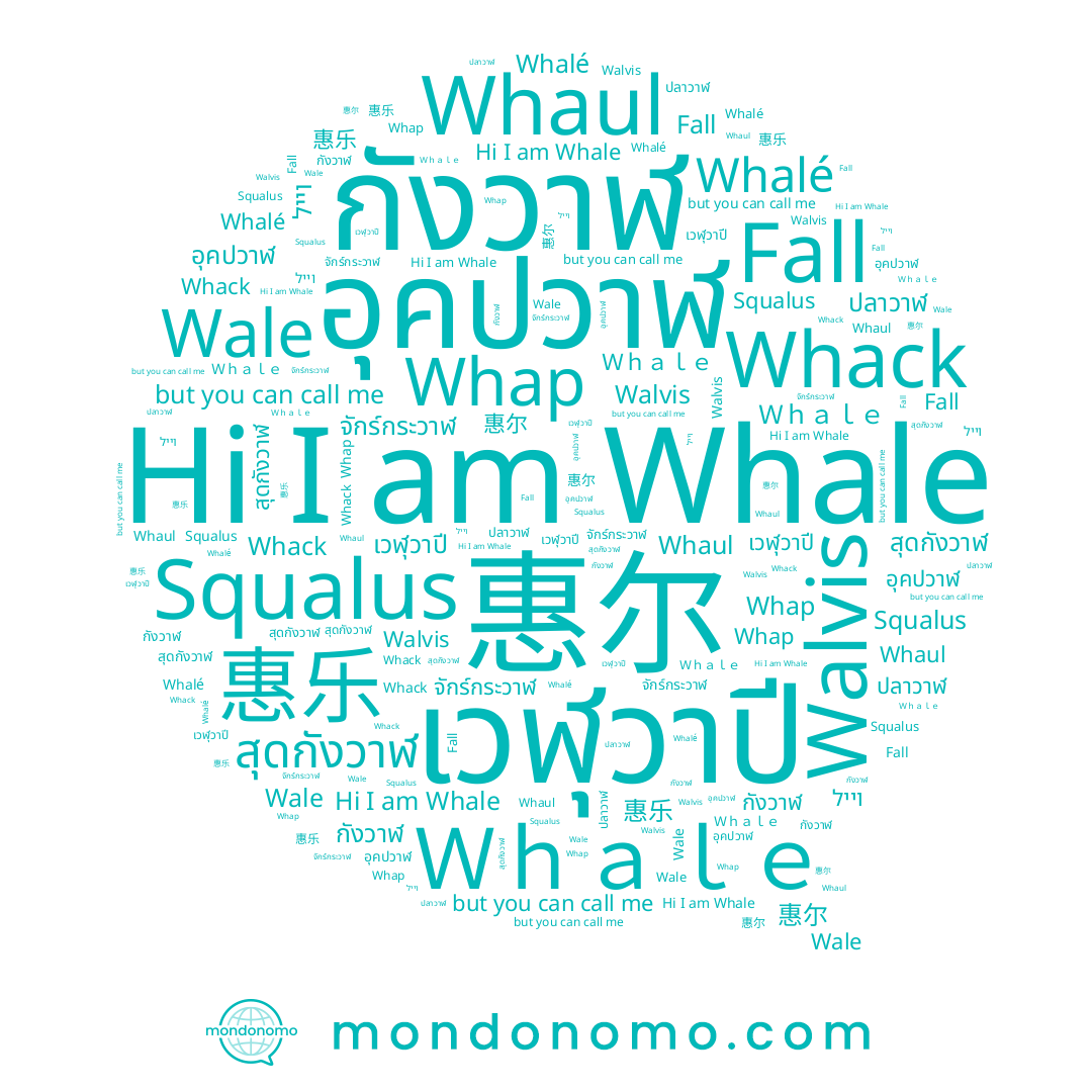 name 惠尔, name וייל, name เวฬุวาปี, name Whack, name Whap, name ปลาวาฬ, name Whale, name 惠乐, name จักร์กระวาฬ, name Fall, name Wale, name กังวาฬ, name อุคปวาฬ, name สุดกังวาฬ, name Whaul, name Ｗｈａｌｅ, name Whalé