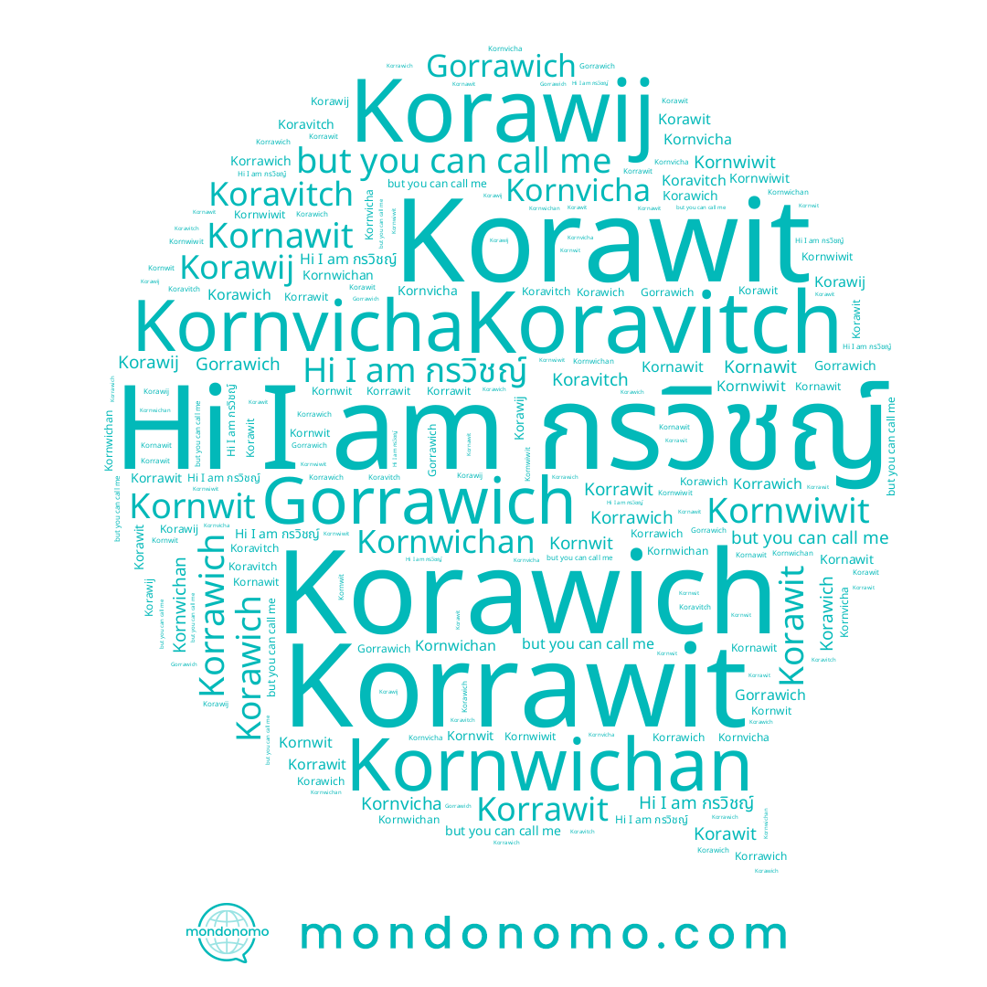 name Kornawit, name Kornwiwit, name Kornvicha, name Korrawit, name Koravitch, name Kornwichan, name Korrawich, name กรวิชญ์, name Gorrawich, name Korawit, name Korawij, name Korawich, name Kornwit