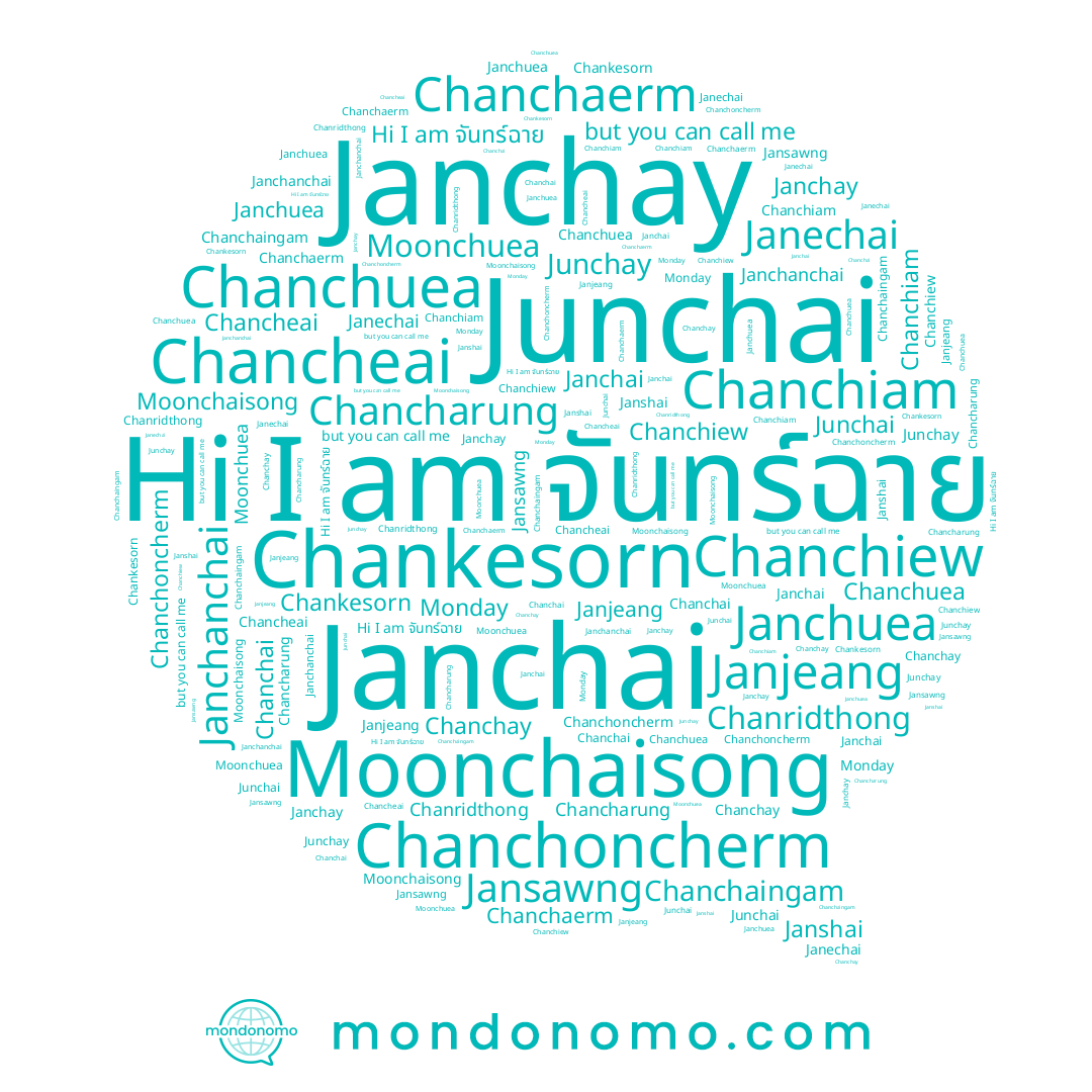 name Janchanchai, name Janchai, name Janchay, name Chancharung, name Janchuea, name Janjeang, name Chanchay, name Junchai, name Chanchiam, name Chanchai, name Chanchoncherm, name Chancheai, name Janechai, name Chanchuea, name Chanchaerm, name Moonchuea, name จันทร์ฉาย, name Chanridthong, name Chanchiew, name Janshai, name Moonchaisong, name Chankesorn, name Monday, name Chanchaingam, name Jansawng