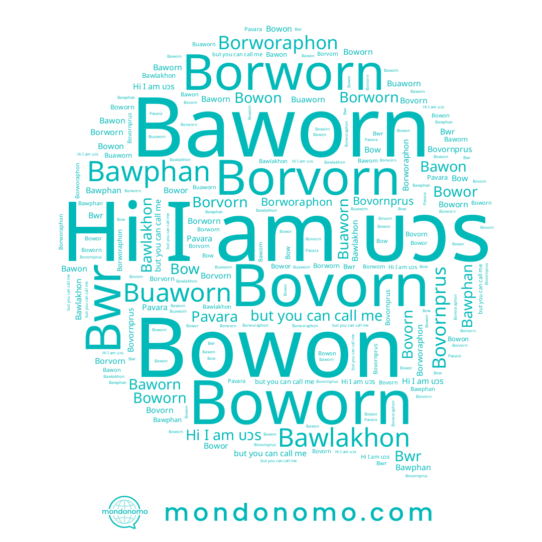 name Borworn, name Borvorn, name Bovornprus, name Bow, name Bawon, name Borworaphon, name Bawphan, name Baworn, name บวร, name Boworn, name Pavara, name Bowon, name Buaworn, name Bowor, name Bovorn, name Bawlakhon