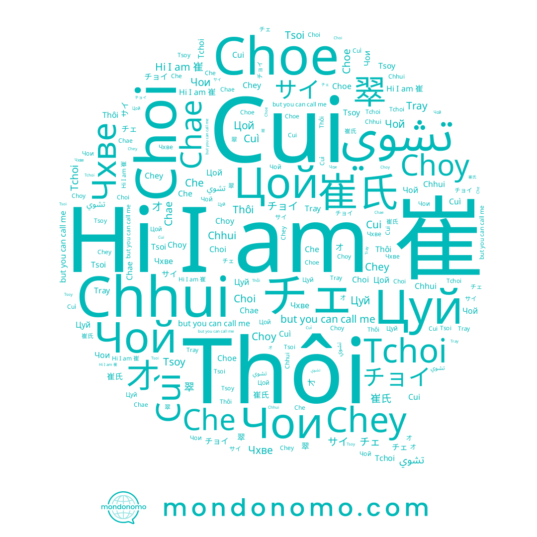 name Tchoi, name Чои, name Чой, name チェ, name Цой, name 才, name Thôi, name Choy, name Чхве, name Tray, name Chey, name Chae, name 翠, name Che, name 최, name Цуй, name 崔氏, name Cui, name 崔, name Tsoi, name تشوي, name Choi, name Cuì, name サイ, name Choe, name Tsoy, name Chhui, name 漼, name チョイ